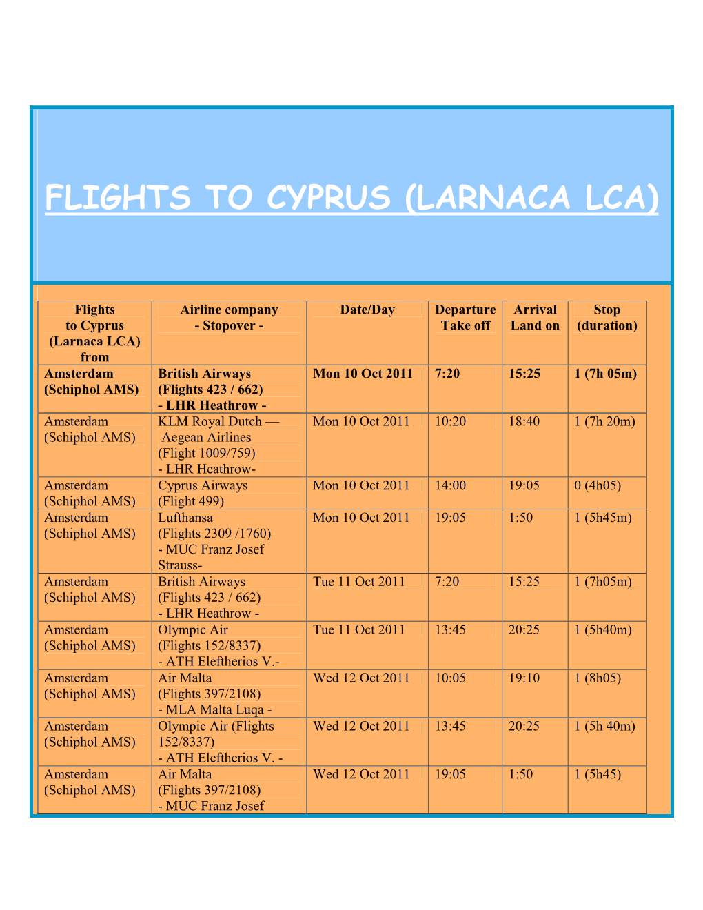 FLIGHTS to Cyprus Oct2011