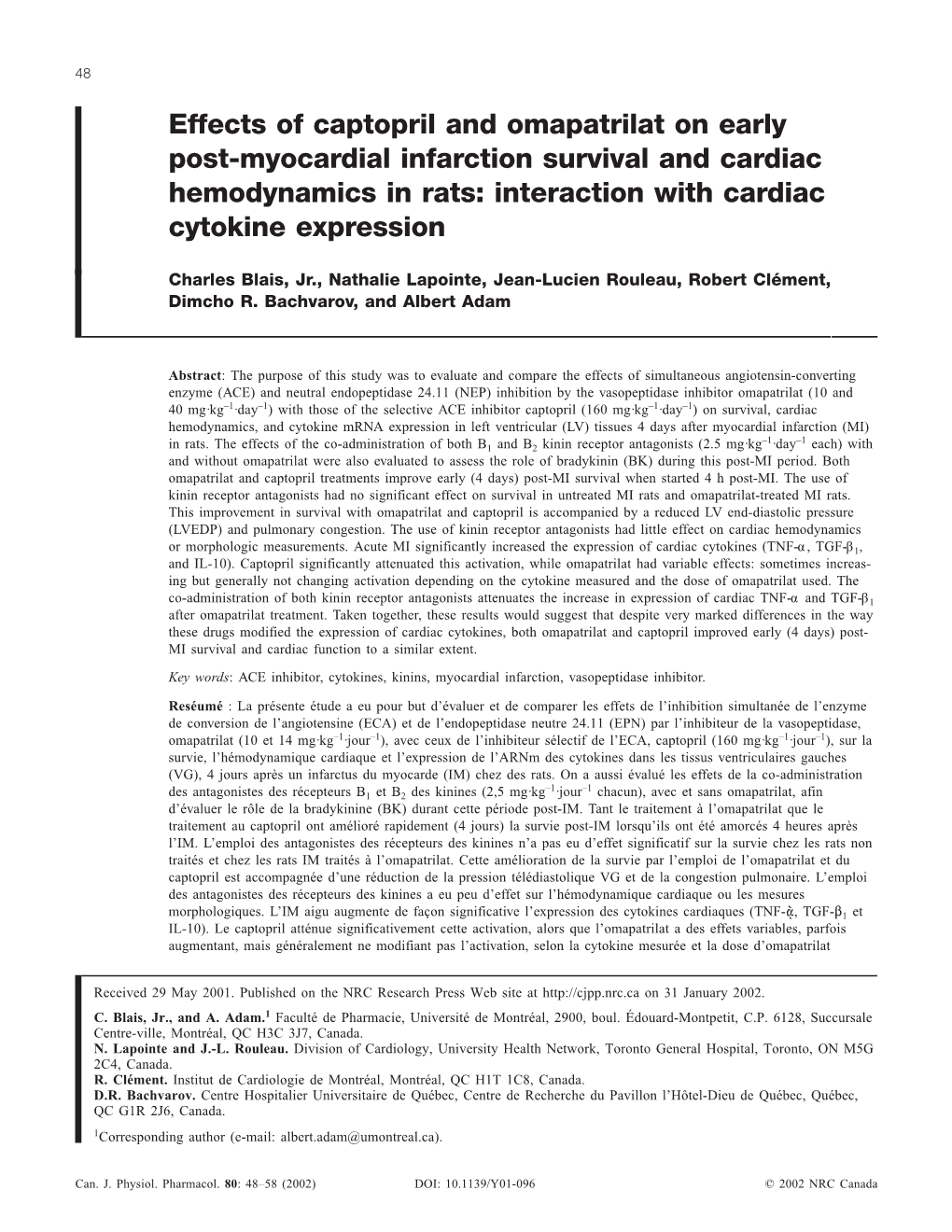 Effects of Captopril and Omapatrilat on Early Post-Myocardial Infarction Survival and Cardiac Hemodynamics in Rats: Interaction with Cardiac Cytokine Expression