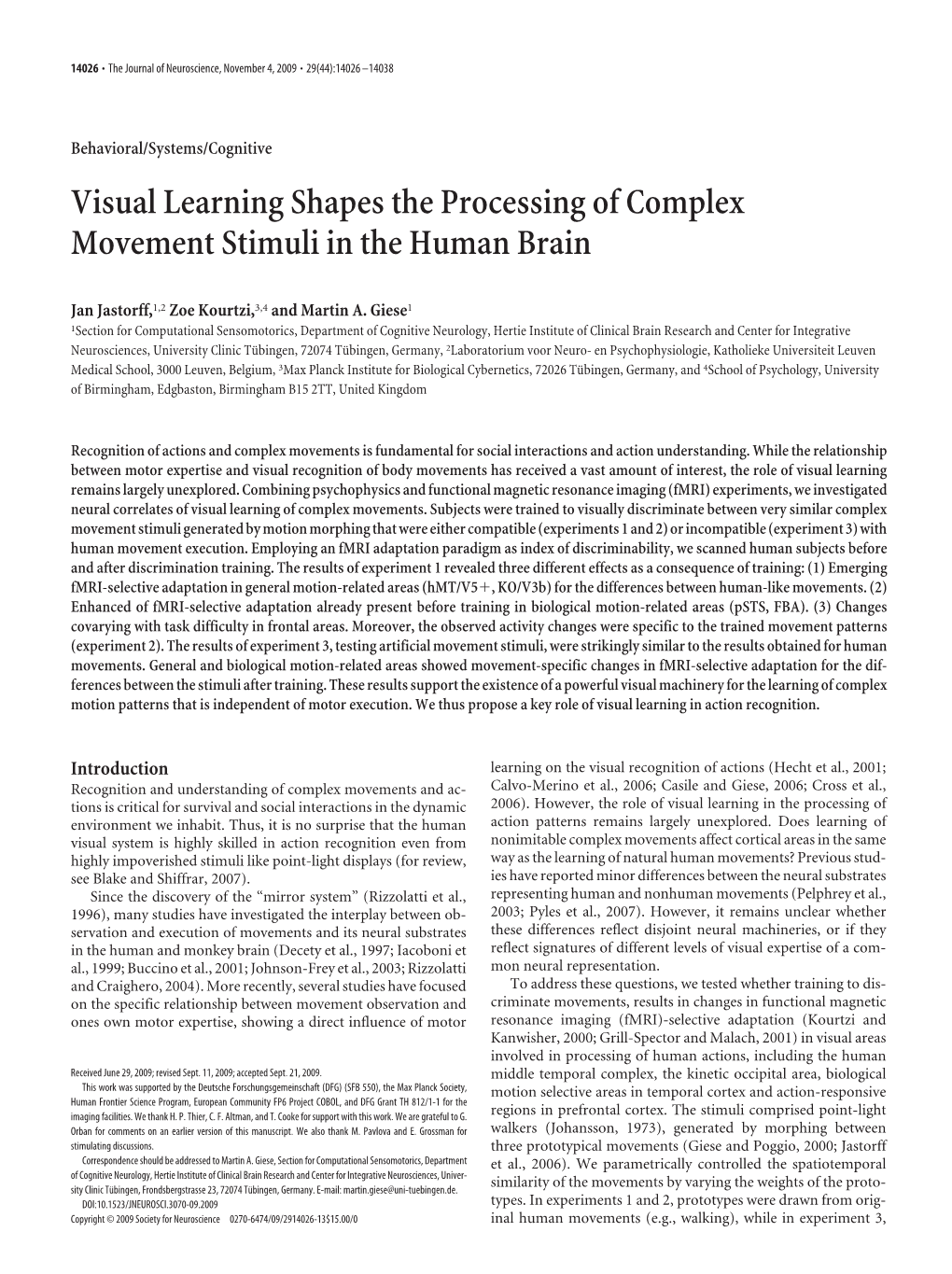 Visual Learning Shapes the Processing of Complex Movement Stimuli in the Human Brain