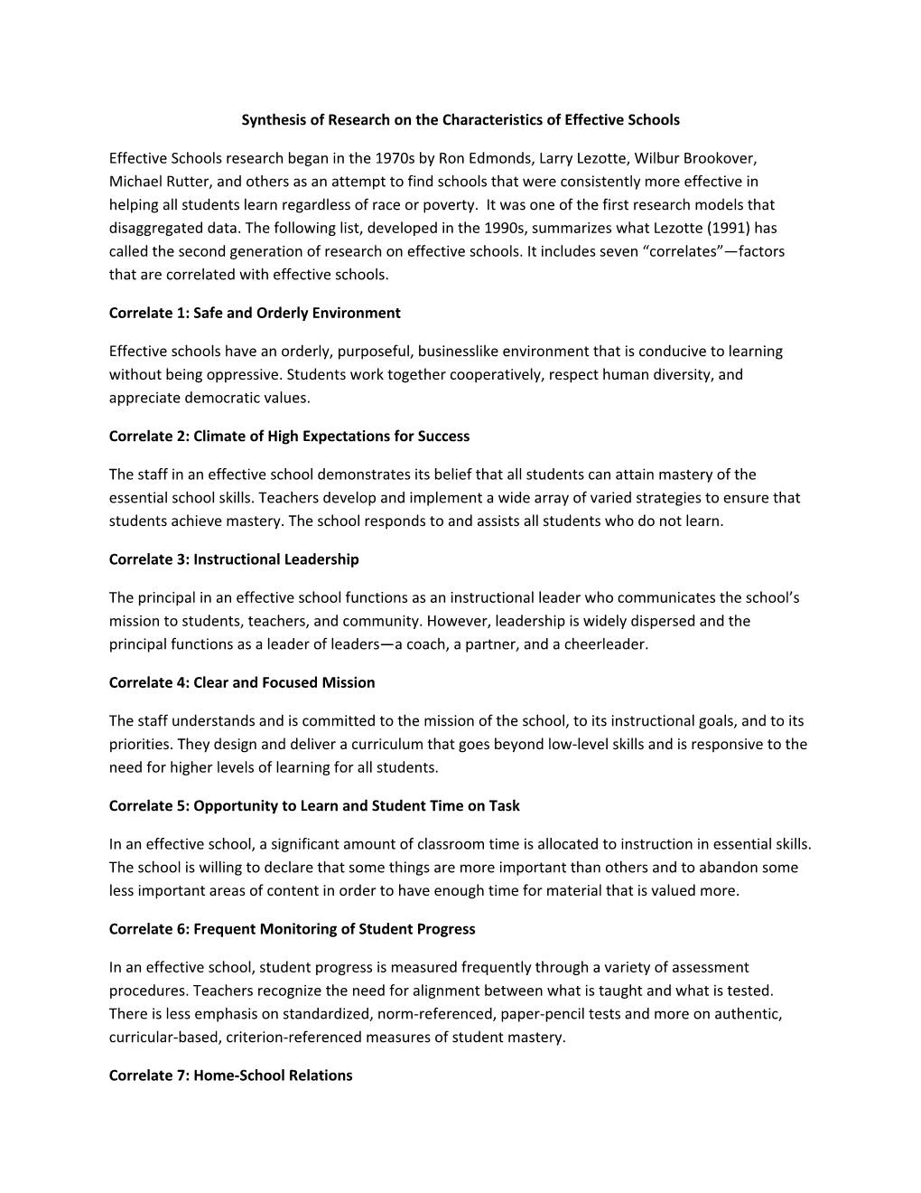 Synthesis of Research on the Characteristics of Effective Schools