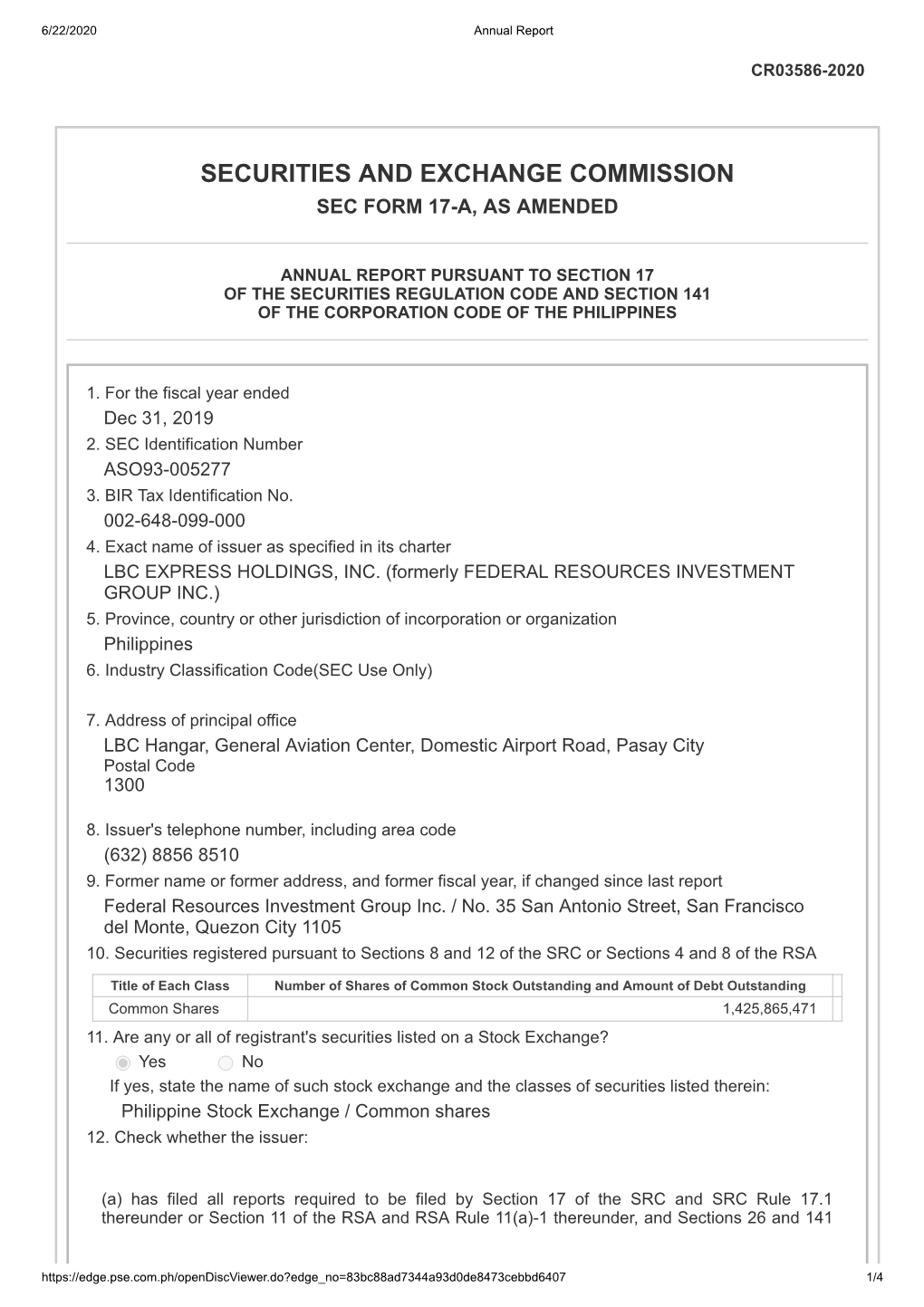 Securities and Exchange Commission Sec Form 17-A, As Amended