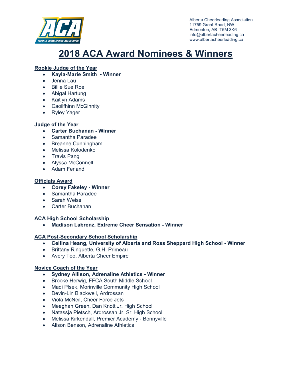 2018 ACA Award Nominees & Winners