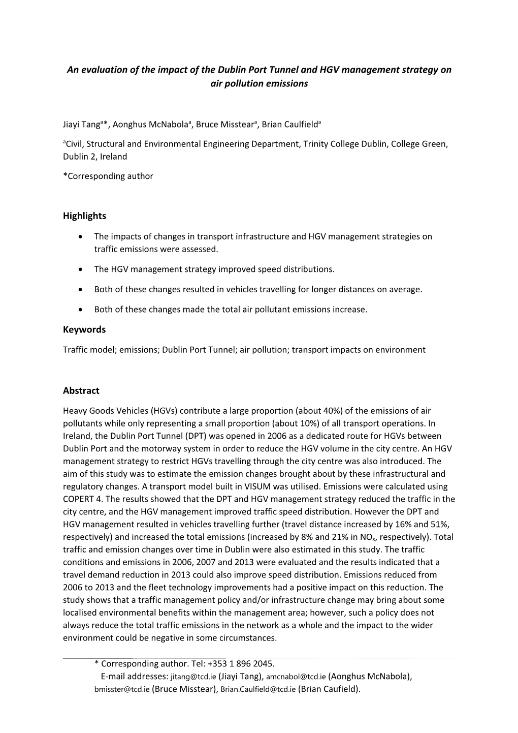 An Evaluation of the Impact of the Dublin Port Tunnel and HGV Management Strategy on Air Pollution Emissions