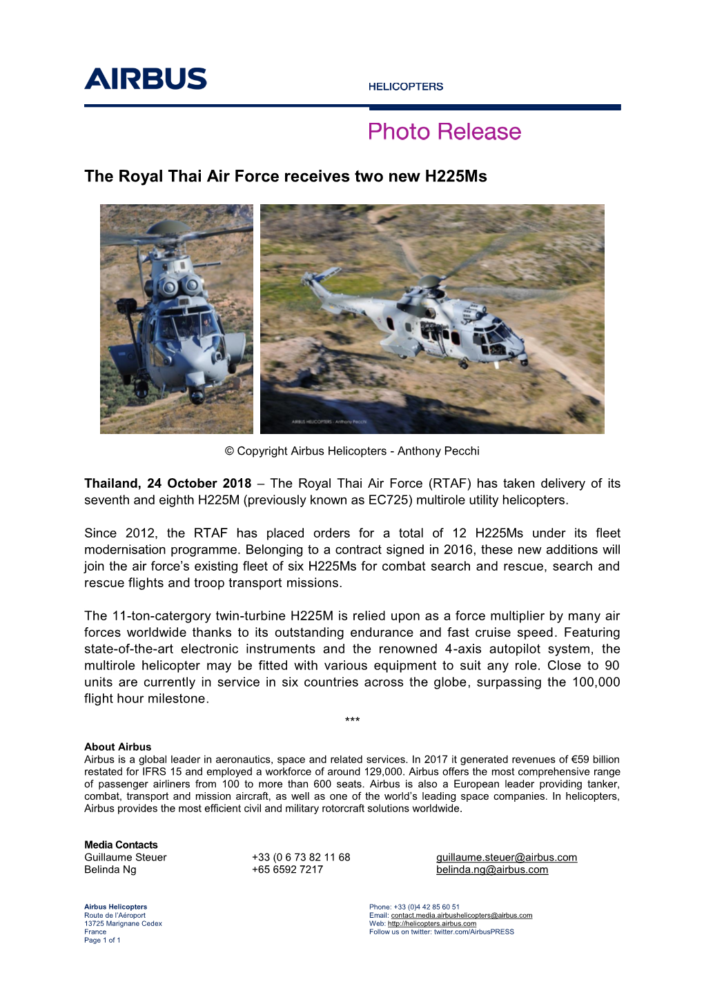 The Royal Thai Air Force Receives Two New H225ms