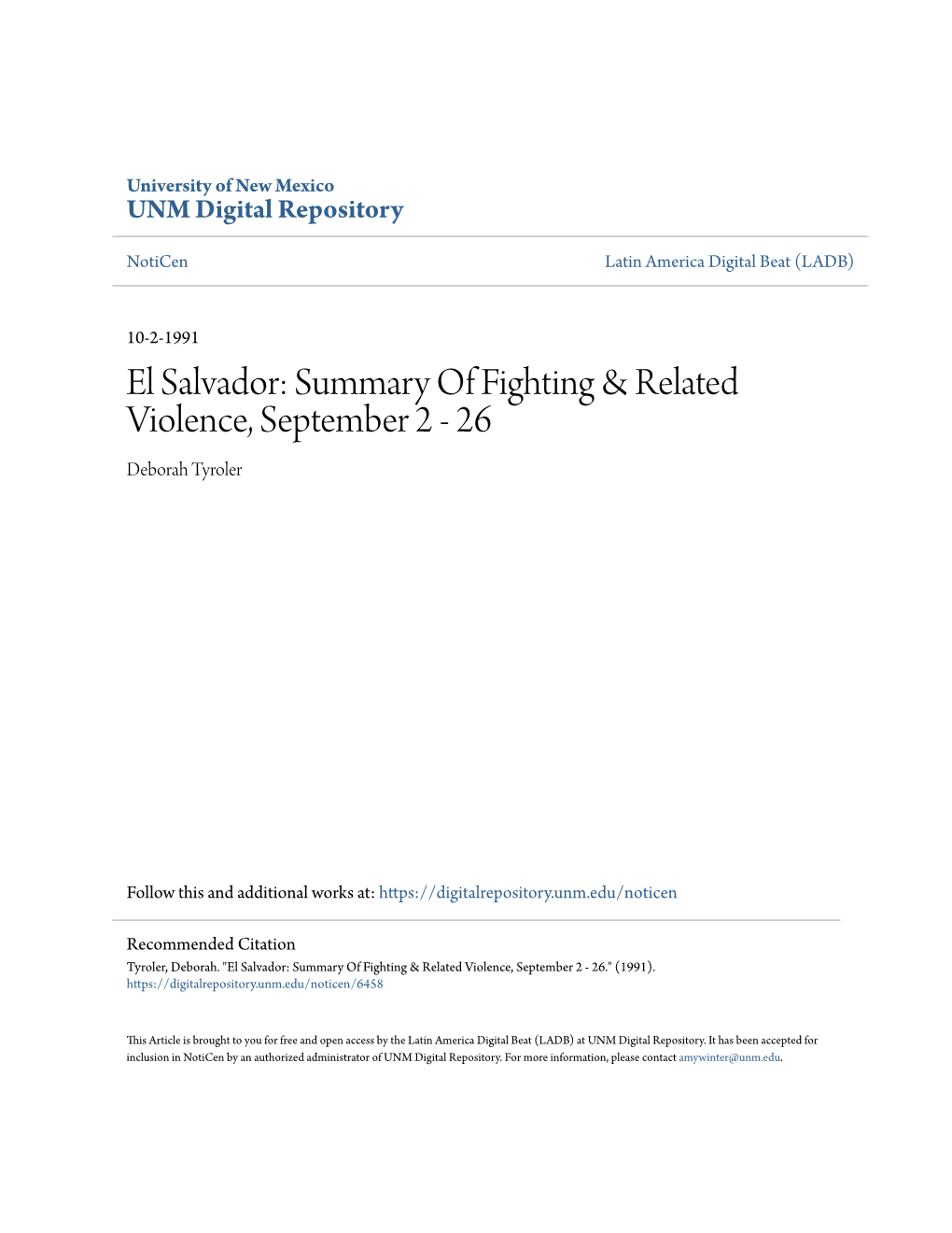 El Salvador: Summary of Fighting & Related Violence, September 2 - 26 Deborah Tyroler