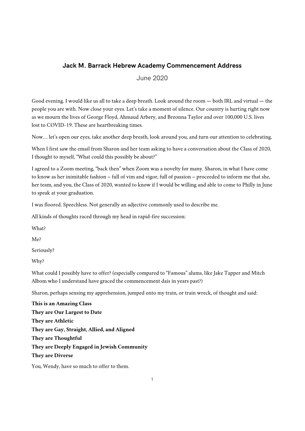 Jack M. Barrack Hebrew Academy Commencement Address June 2020
