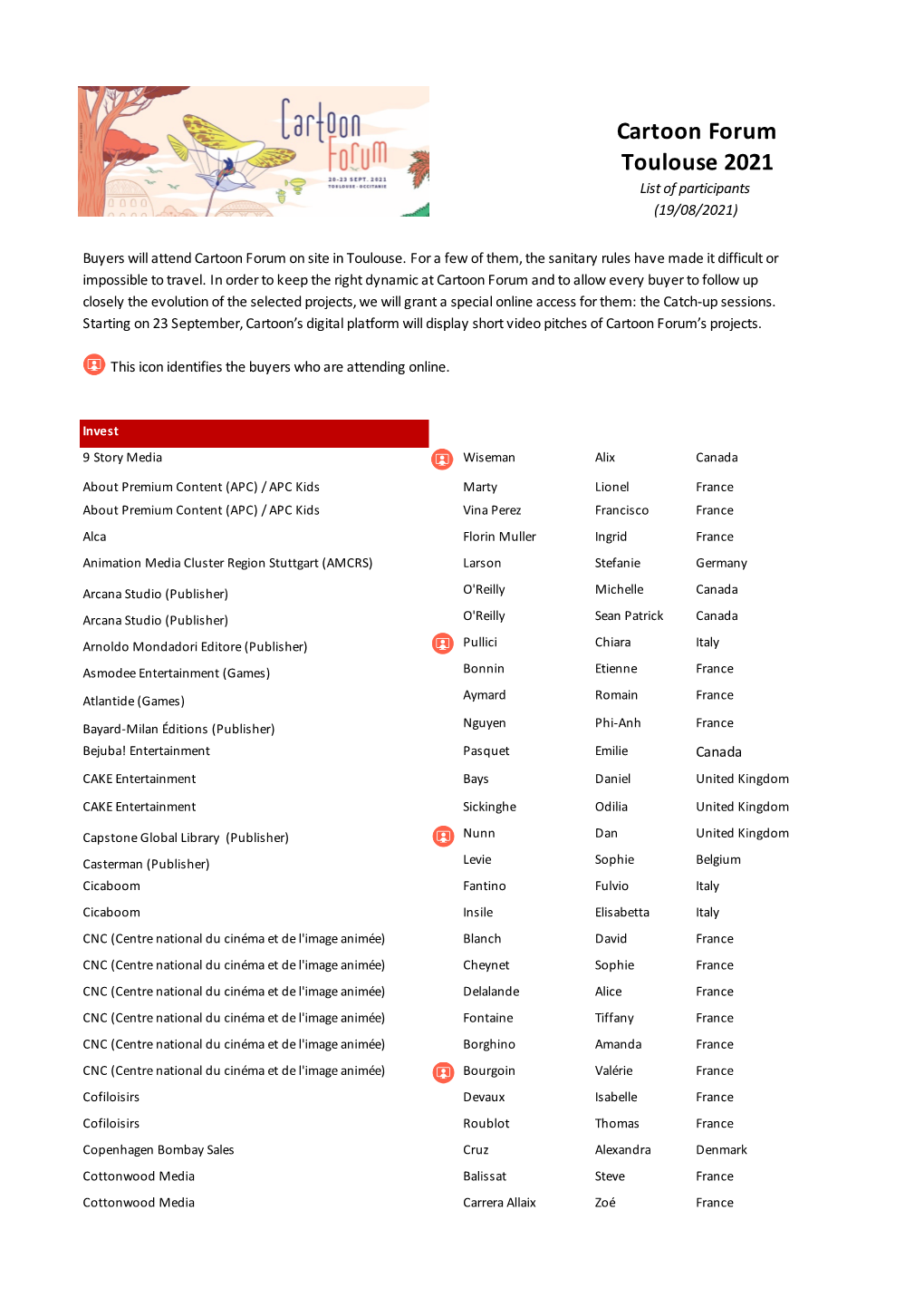 Cartoon Forum Toulouse 2021 List of Participants (19/08/2021)