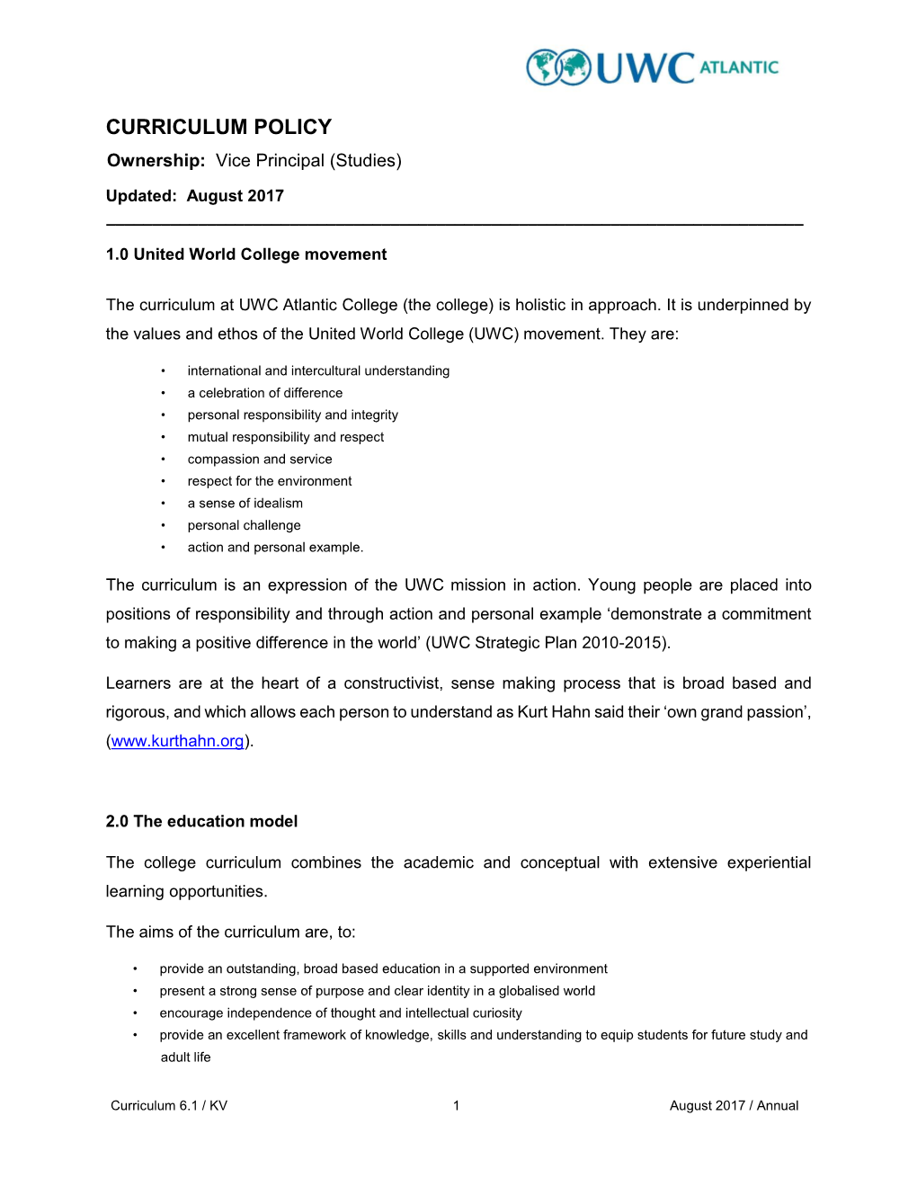 CURRICULUM POLICY Ownership: Vice Principal (Studies)