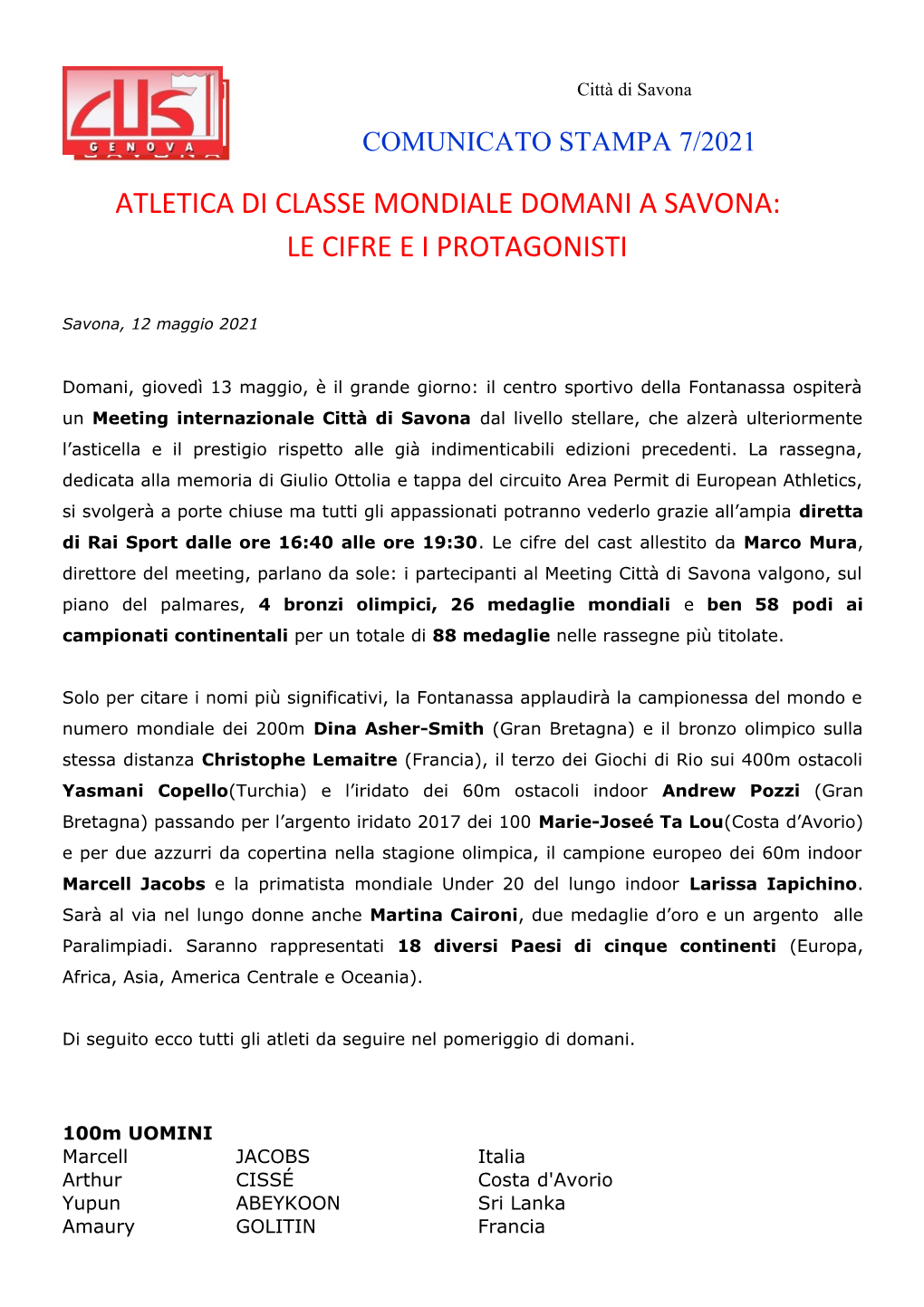 Atletica Di Classe Mondiale Domani a Savona: Le Cifre E I Protagonisti