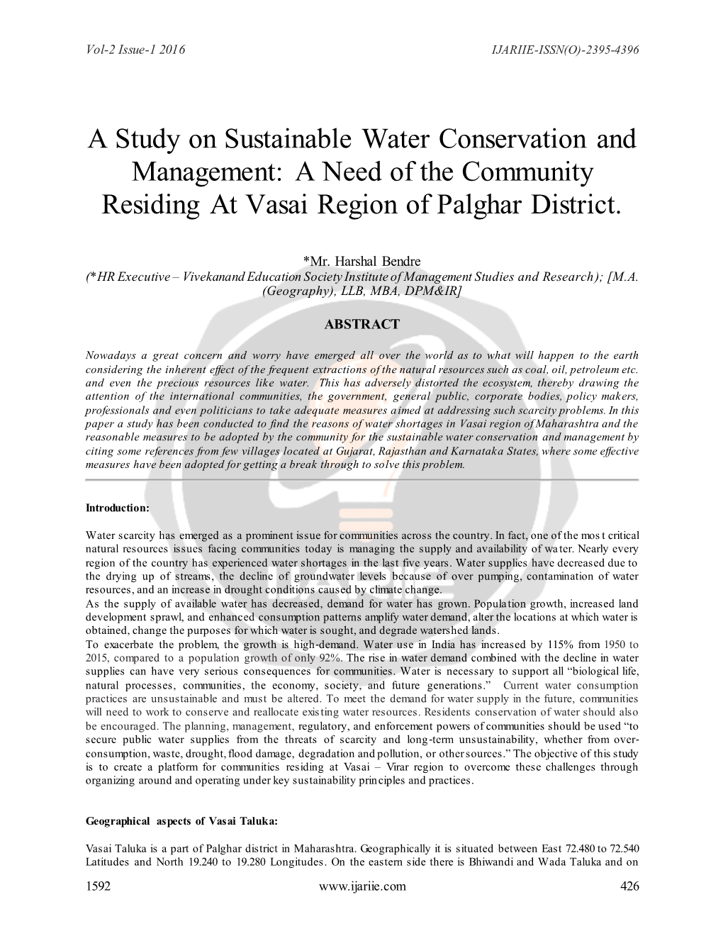 A Study on Sustainable Water Conservation and Management: a Need of the Community Residing at Vasai Region of Palghar District