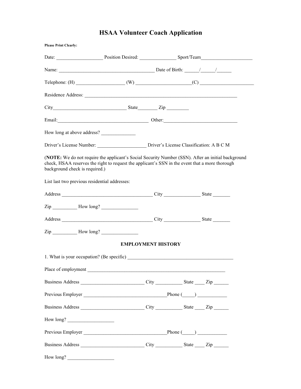 HSAA Volunteer Coach Application