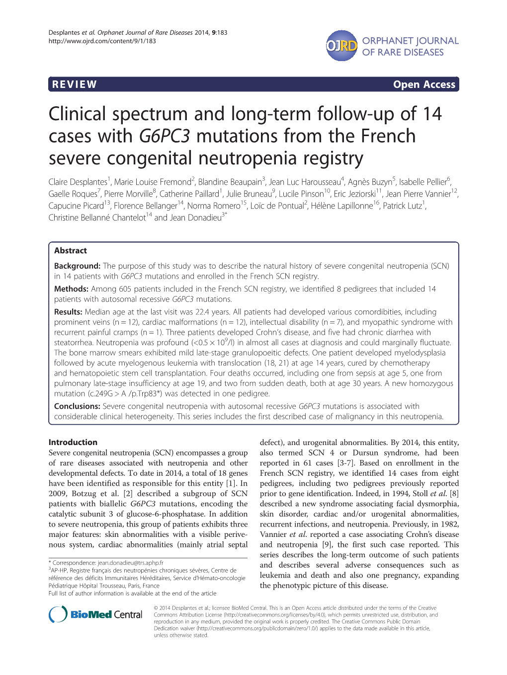 Clinical Spectrum and Long-Term Follow-Up of 14 Cases with G6PC3