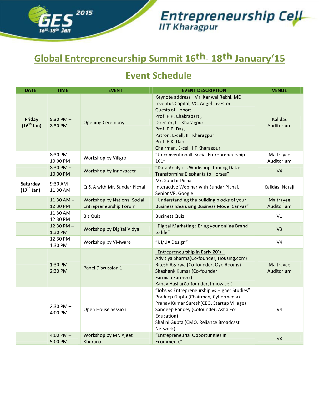 18Th January'15 Event Schedule