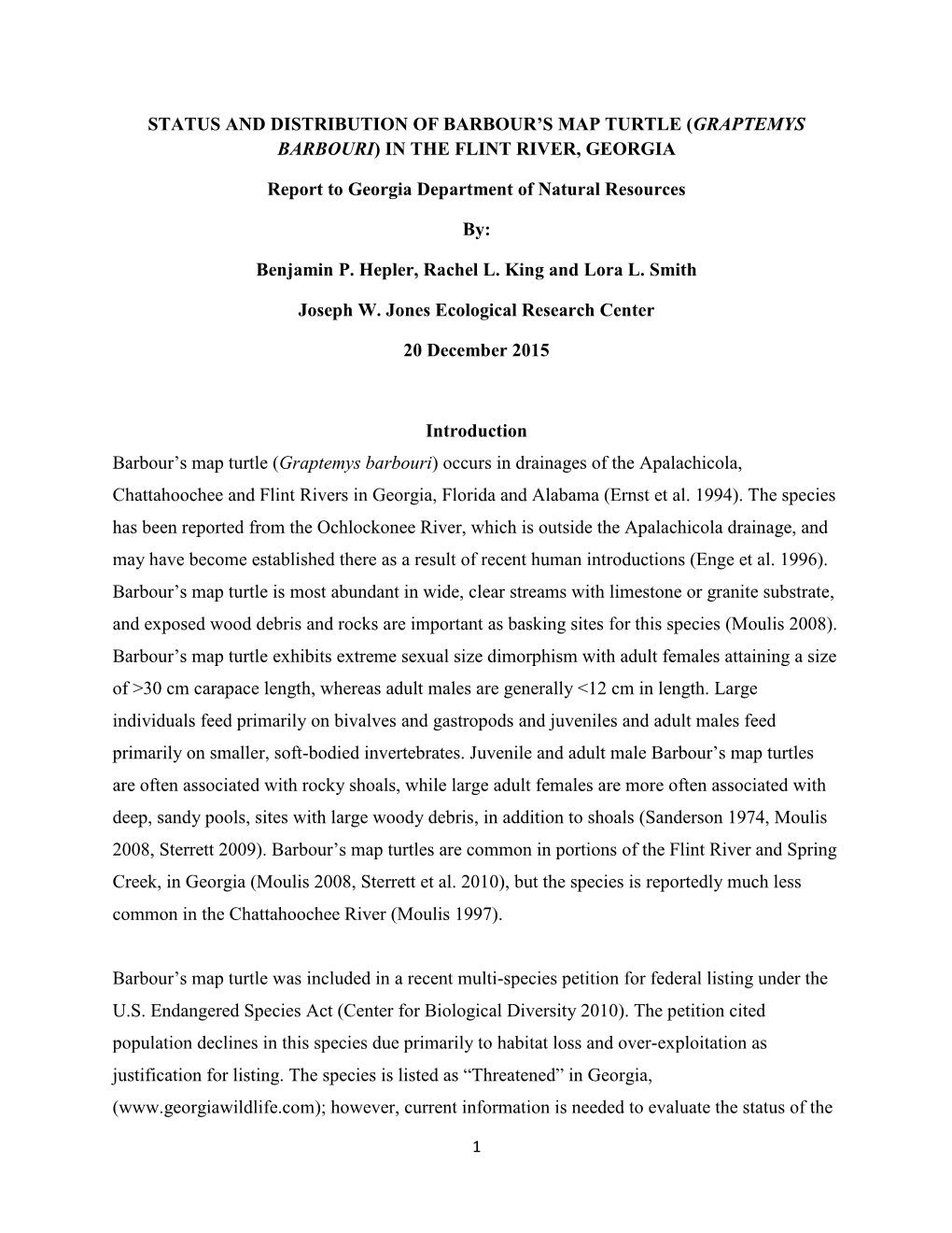 Status and Distribution of Barbour's Map Turtle in the Flint River, Georgia