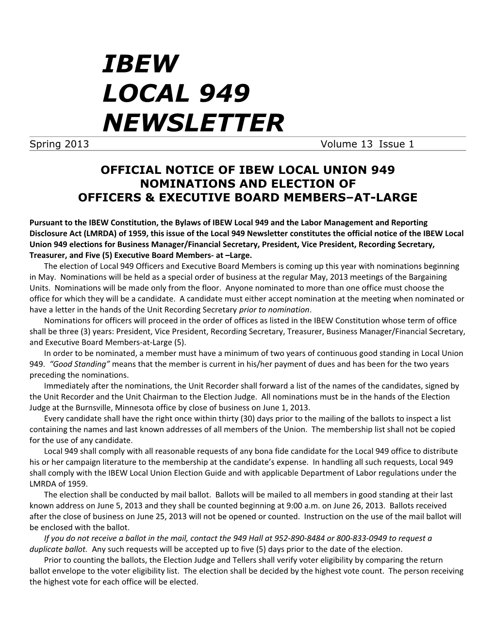 Official Notice of Ibew Local Union 949