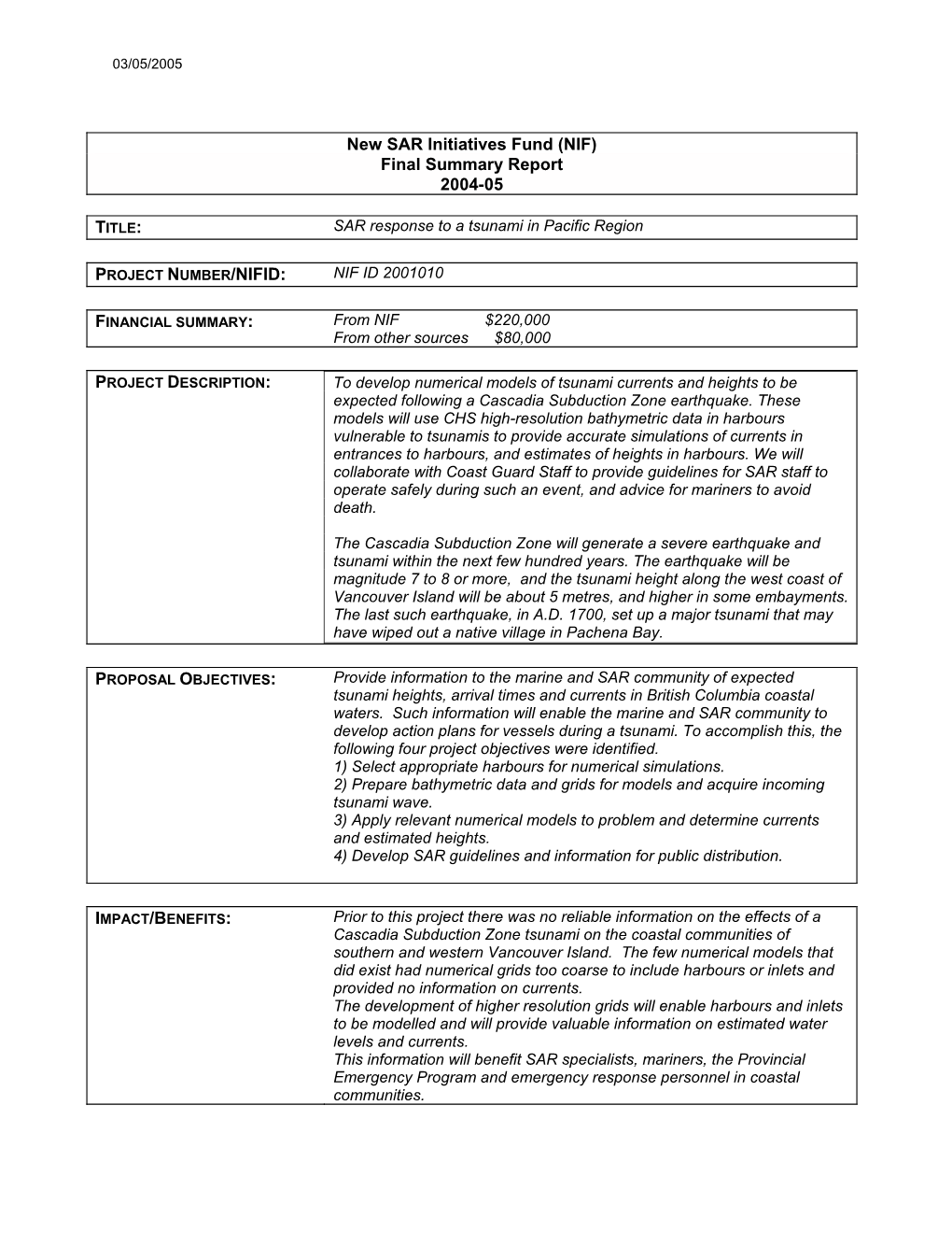 New SAR Initiatives Fund (NIF) Final Summary Report 2004-05