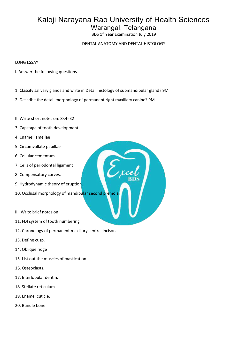 Kaloji Narayana Rao University of Health Sciences Warangal, Telangana BDS 1St Year Examination July 2019