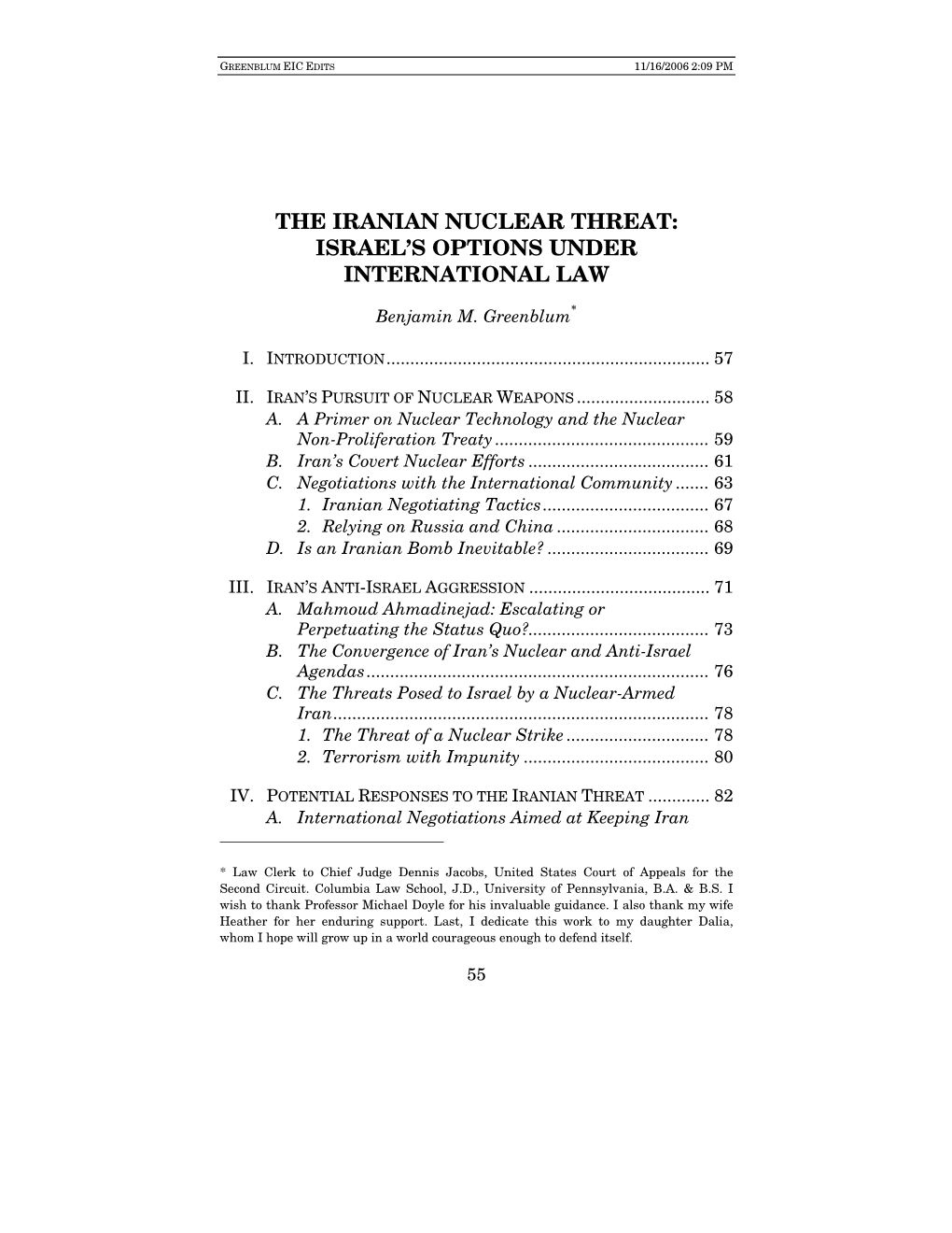 The Iranian Nuclear Threat: Israel's Options Under International