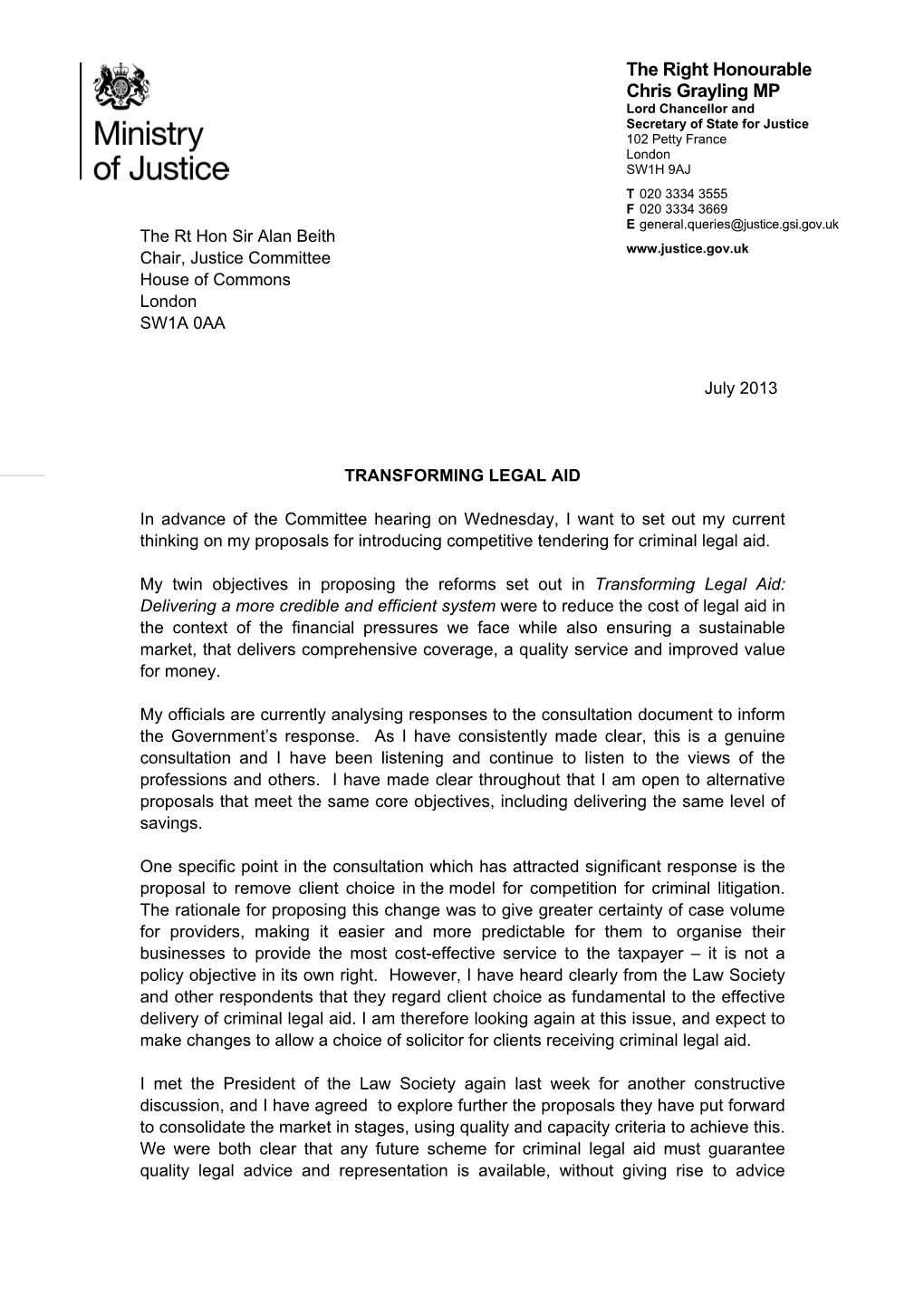 Chris Grayling Letter on Transforming Legal