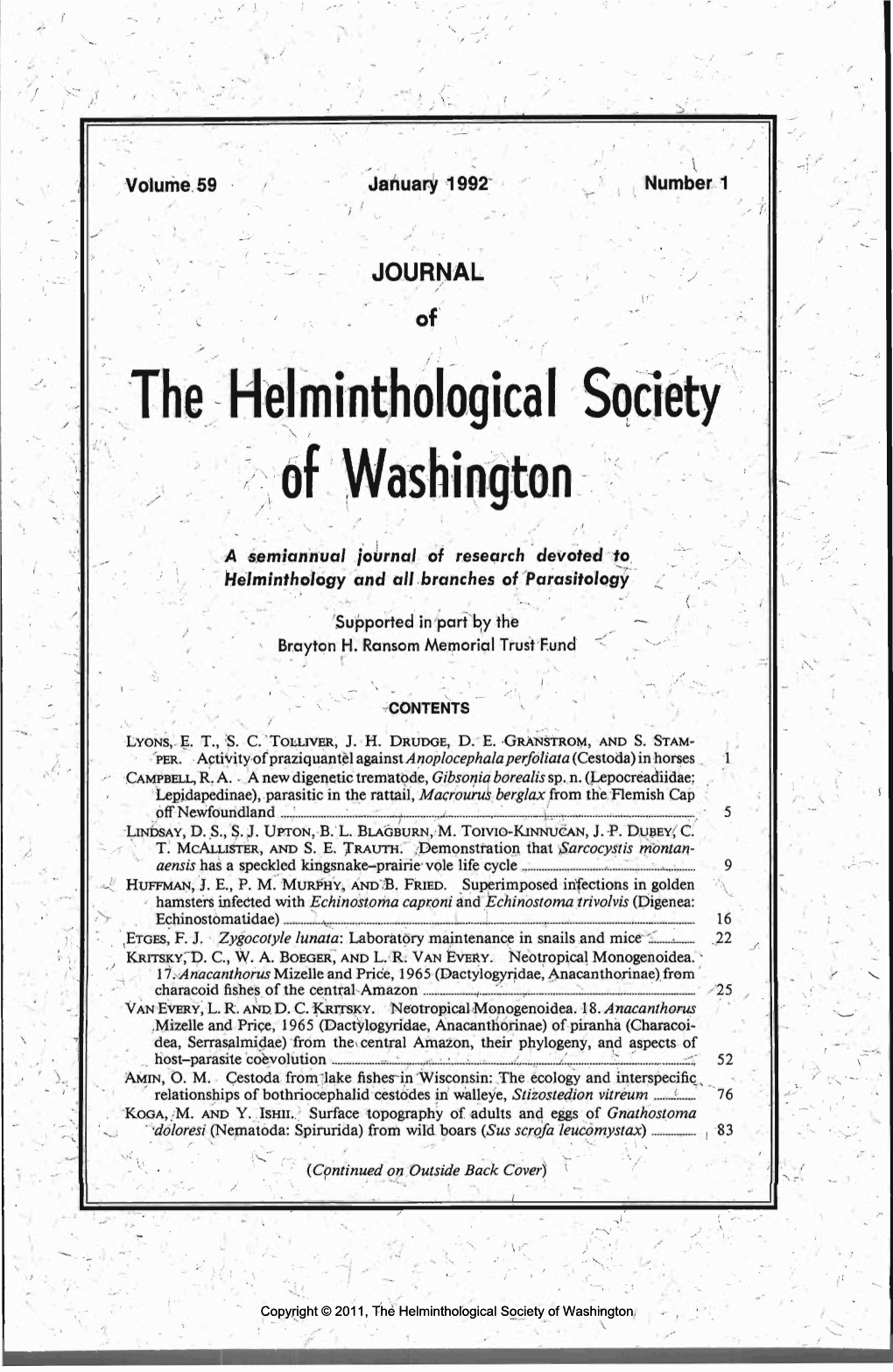 A Semiannual Journal of Research Devoted to Helminthology and All Branches of Parasitology