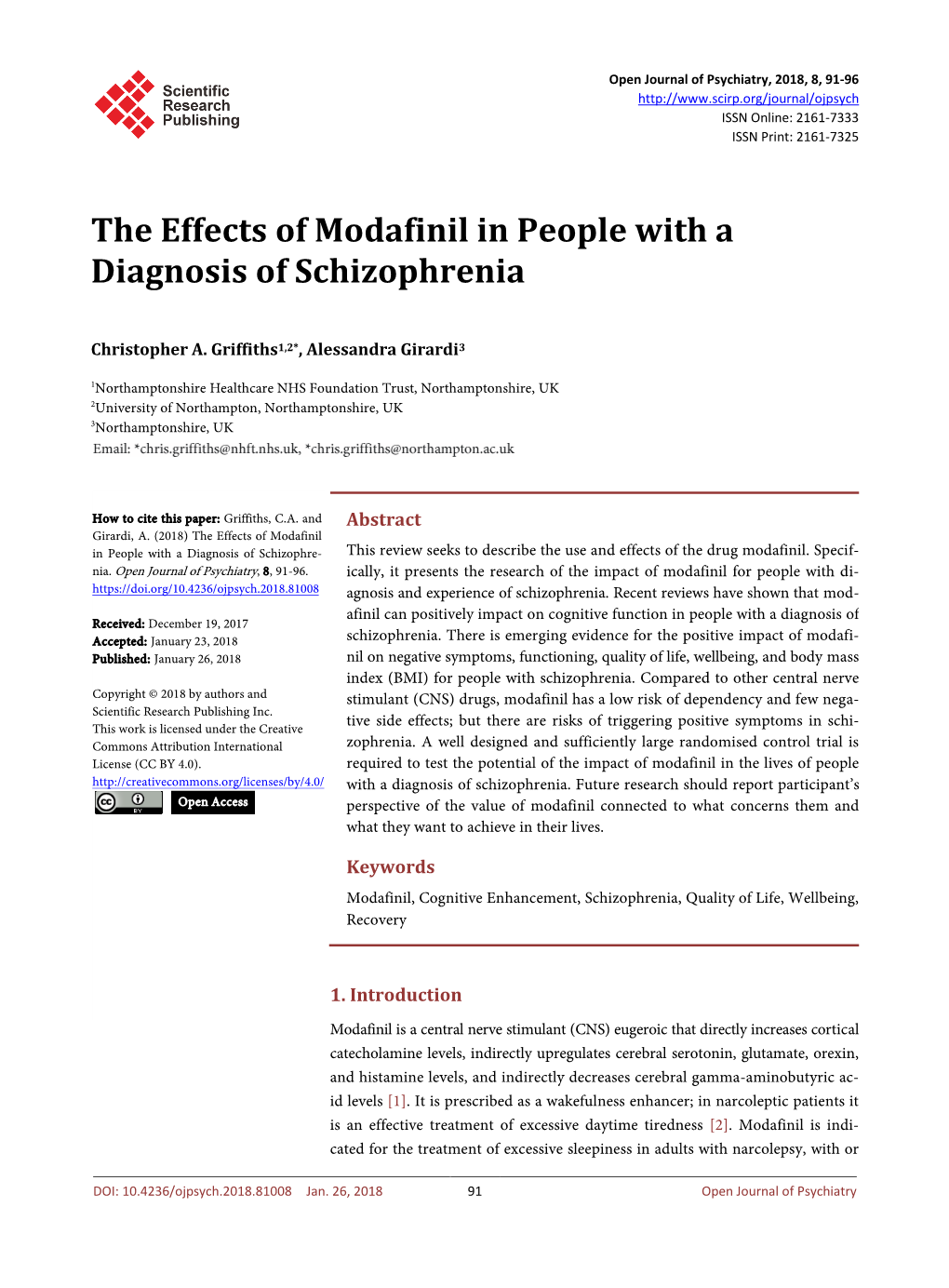 The Effects of Modafinil in People with a Diagnosis of Schizophrenia