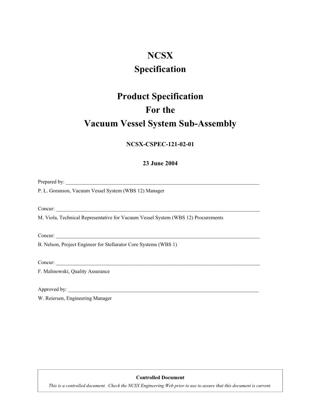 Vacuum Vessel Sub-Assembly Product Specification NCSX CSPEC-121-02-01