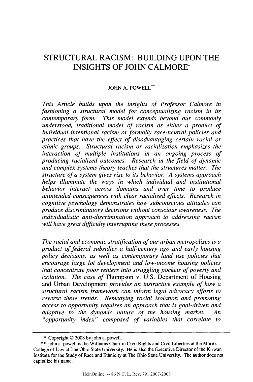 Structural Racism: Building Upon the Insights of John Calmore*