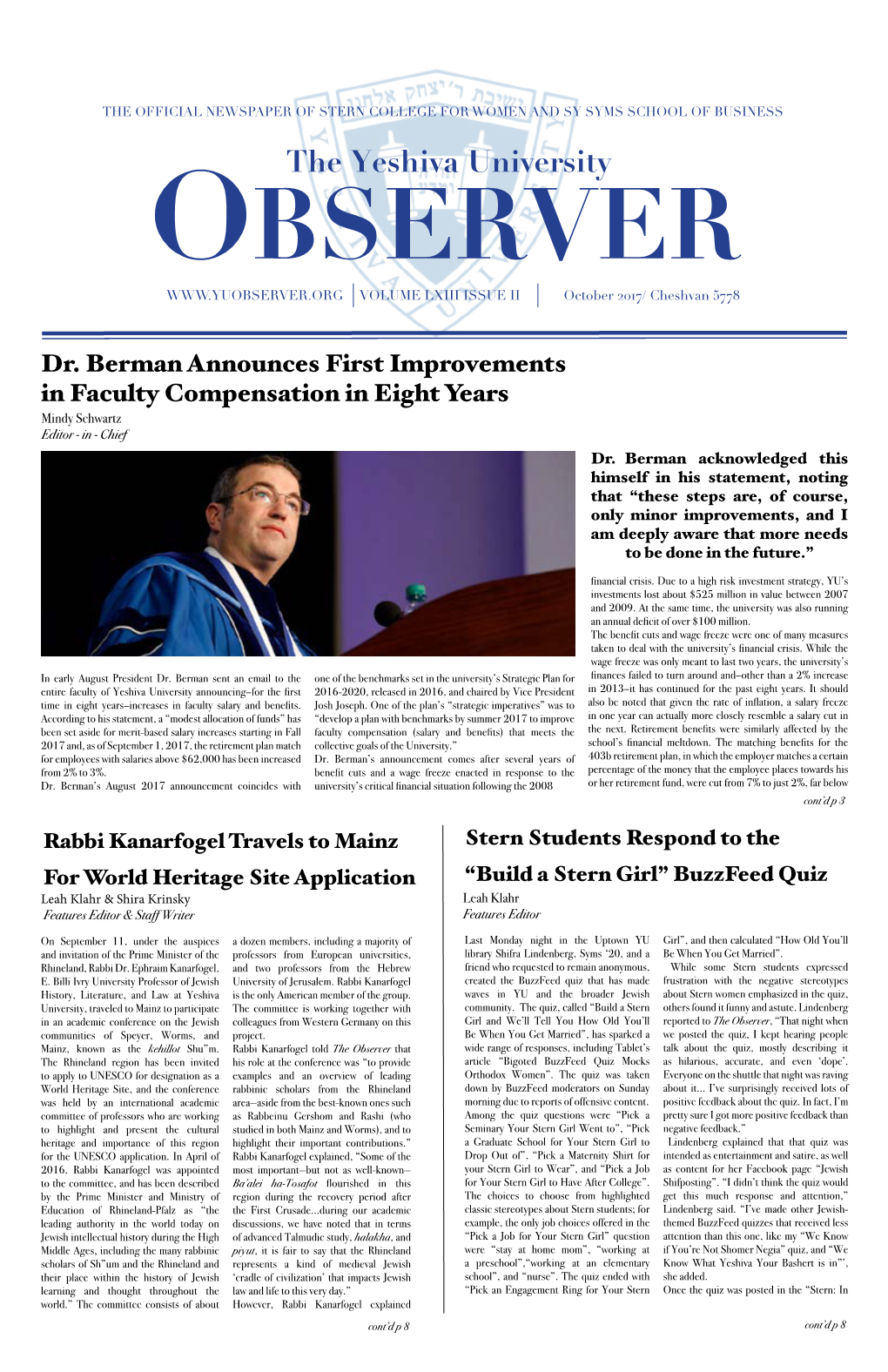 The Yeshiva University OBSERVER VOLUME LXIII ISSUE II October 2017/ Cheshvan 5778