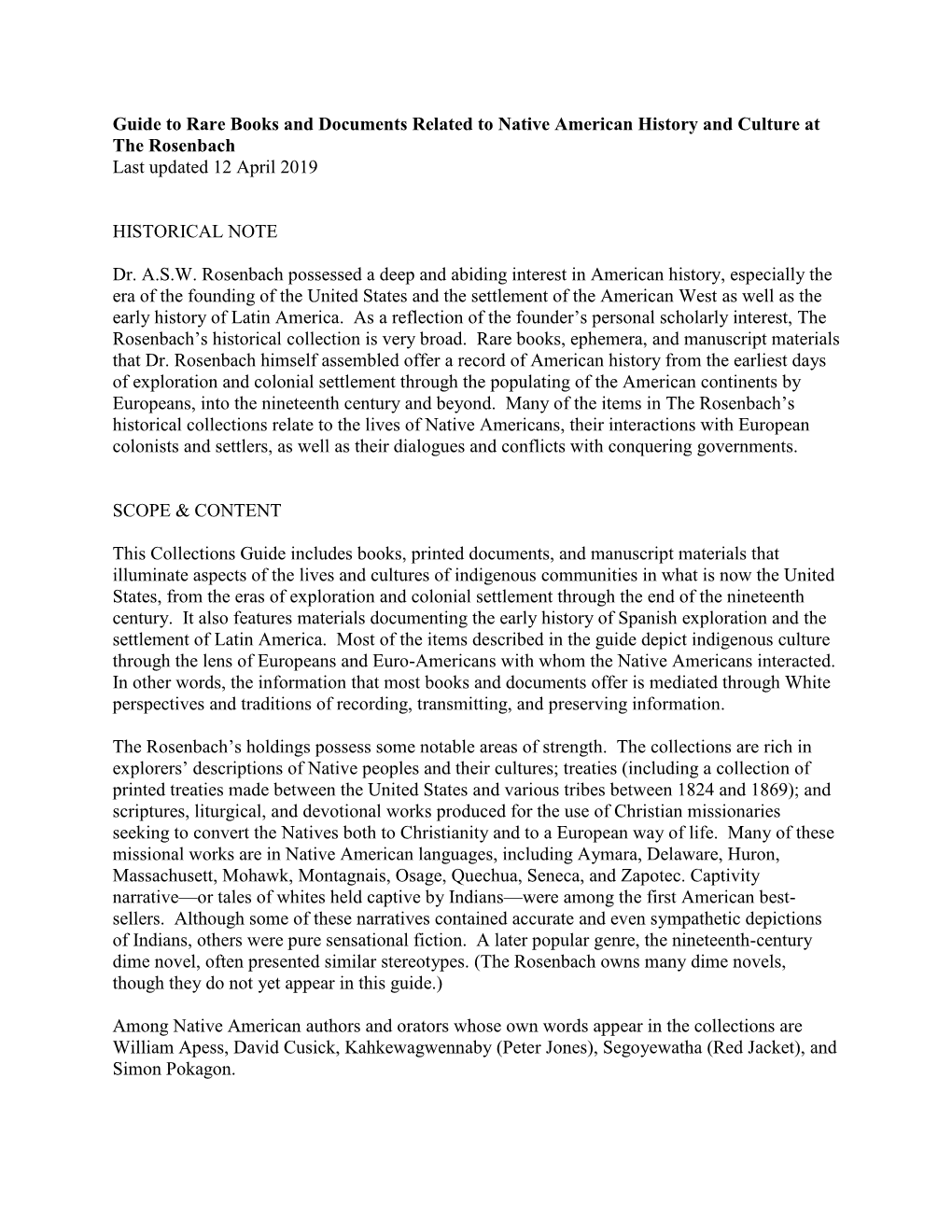 Guide to Rare Books and Documents Related to Native American History and Culture at the Rosenbach Last Updated 12 April 2019