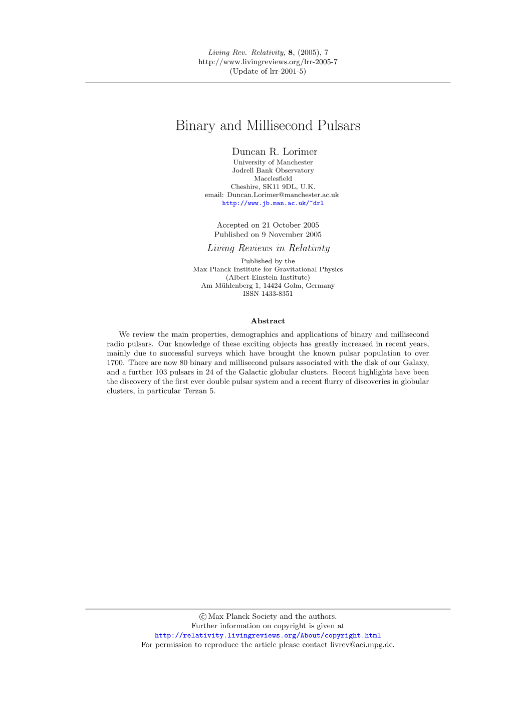 Binary and Millisecond Pulsars