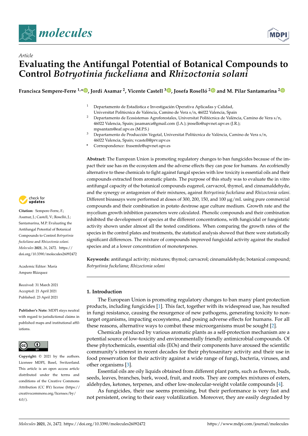 Evaluating the Antifungal Potential of Botanical Compounds to Control Botryotinia Fuckeliana and Rhizoctonia Solani