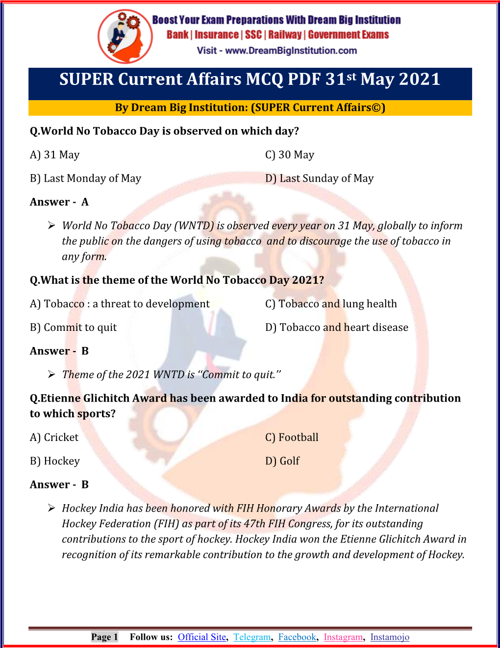 SUPER Current Affairs MCQ PDF 31St May 2021