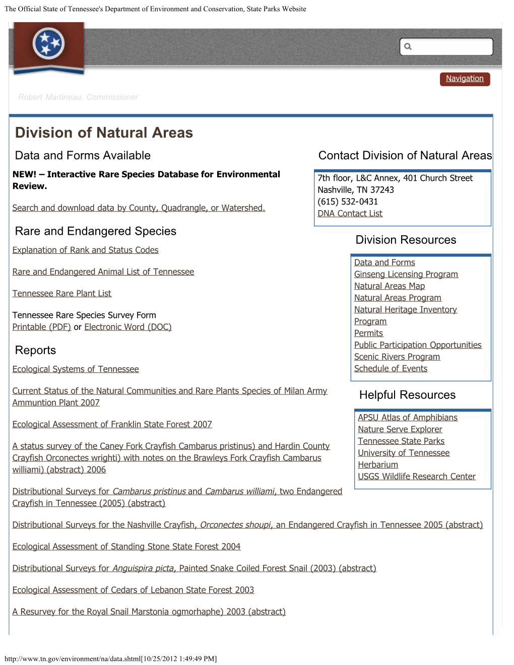 Print Screen of TDEC 2012 Division of Natural Areas Re Rare