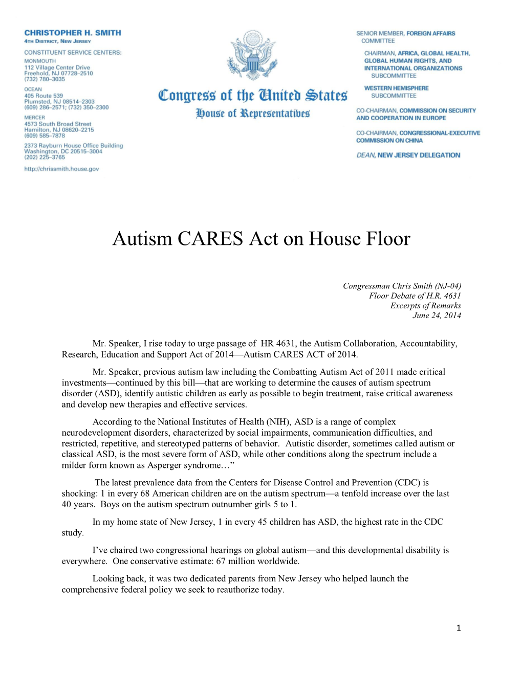 Autism CARES Act on House Floor