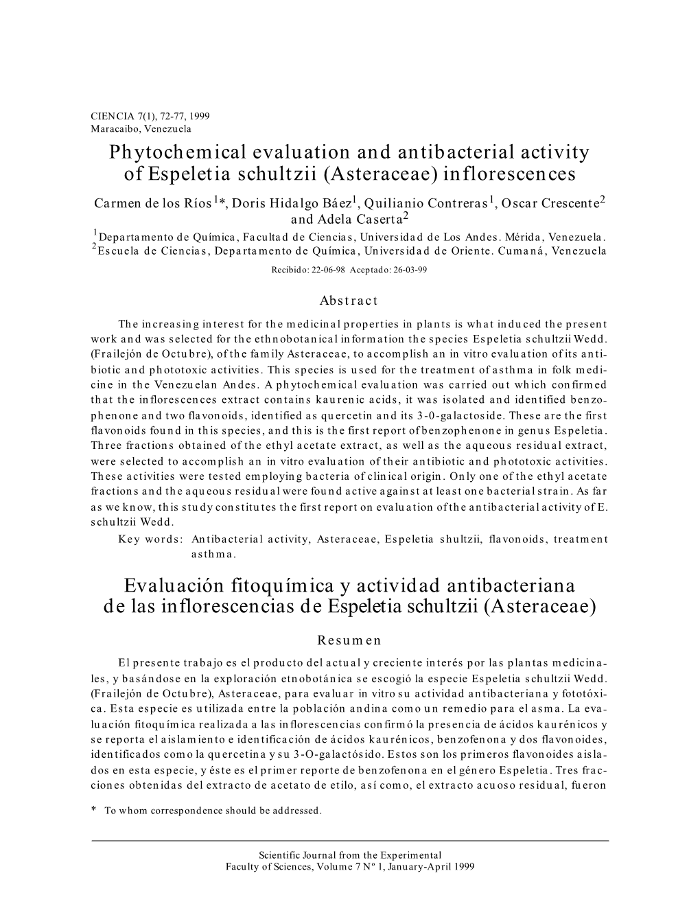 Phytochemical Evaluation and Antibacterial Activity of Espeletia