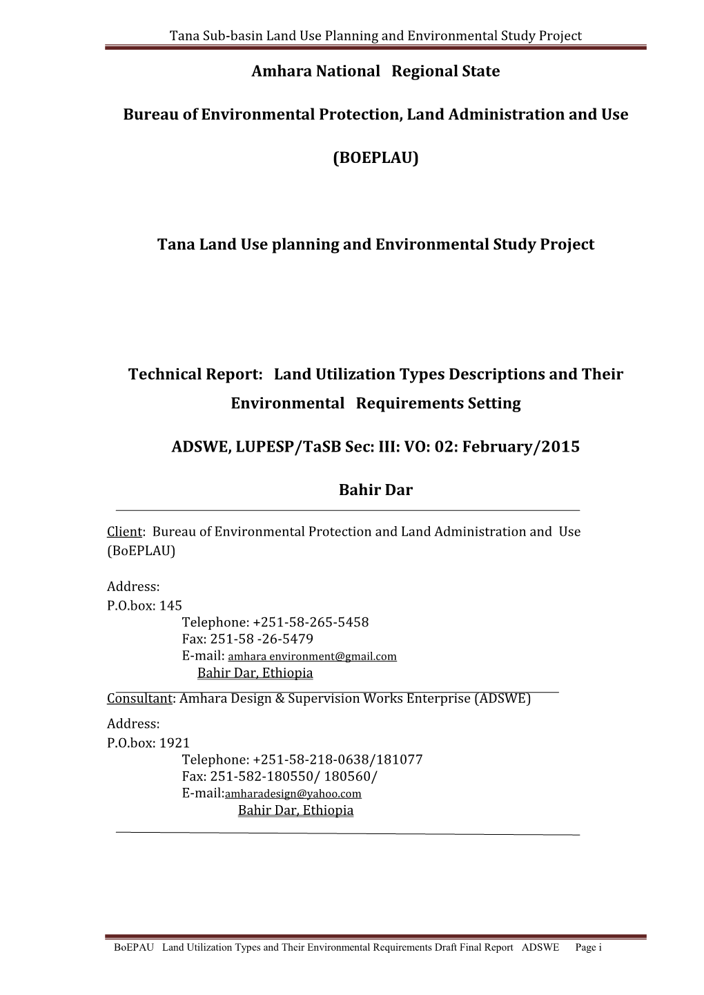 Tana Sub-Basin Land Use Planning and Environmental Study Project