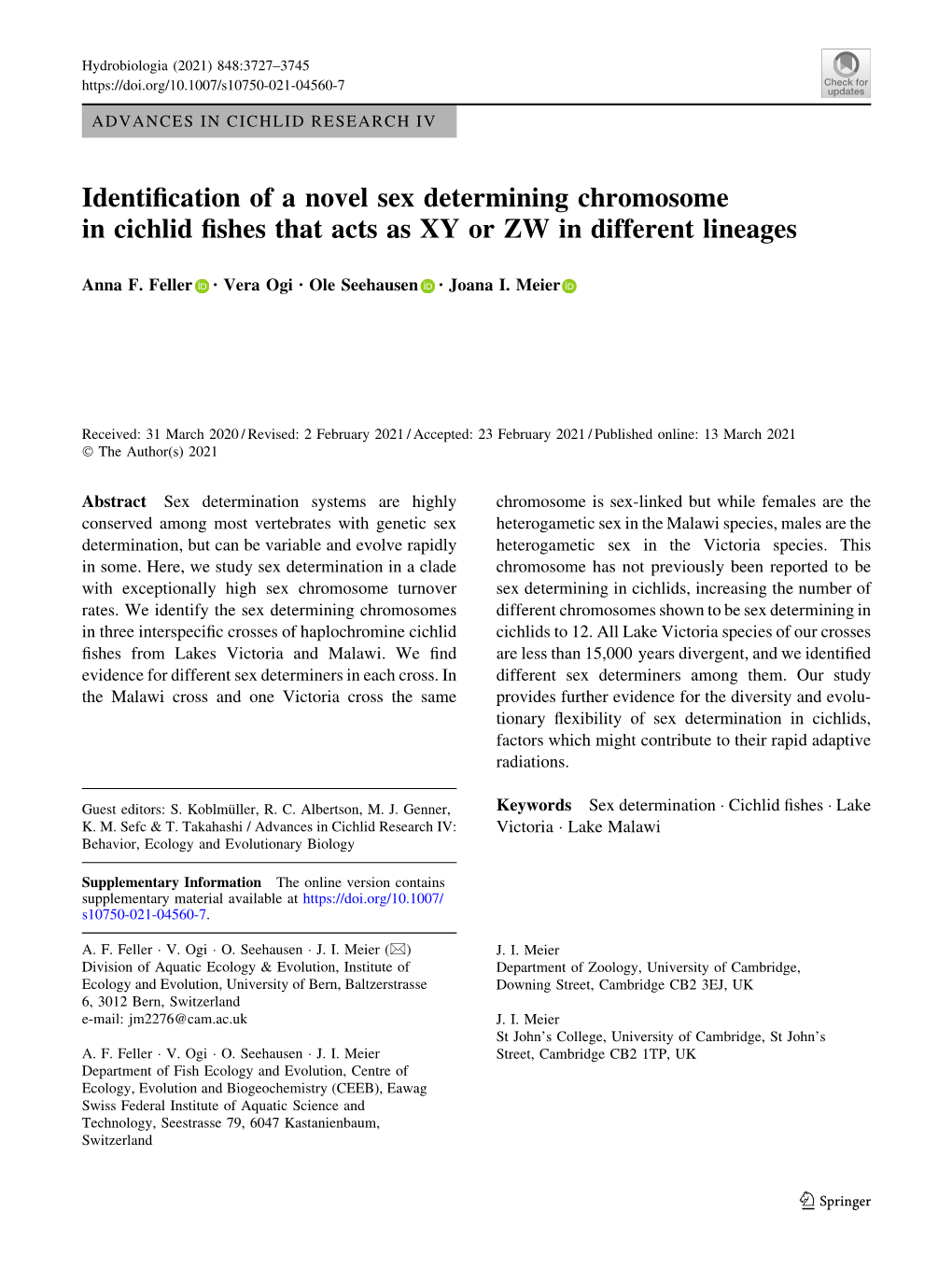 Identification of a Novel Sex Determining Chromosome in Cichlid