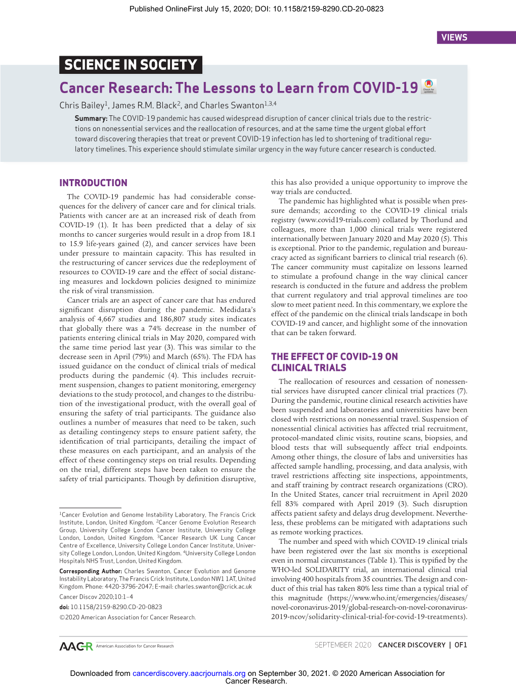 Cancer Research: the Lessons to Learn from COVID-19 Chris Bailey1, James R.M