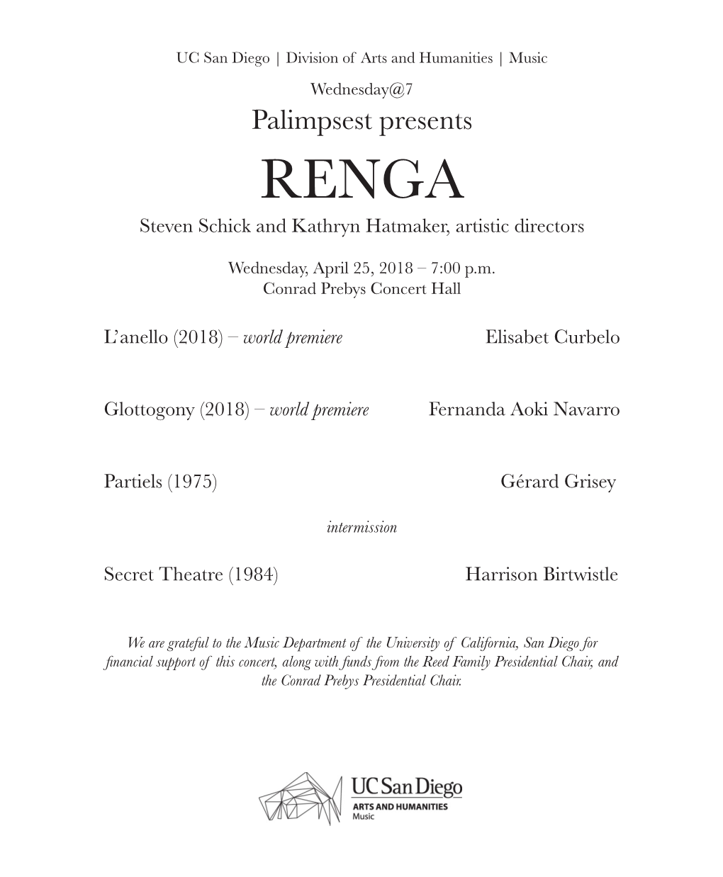 Palimpsest Presents RENGA Steven Schick and Kathryn Hatmaker, Artistic Directors