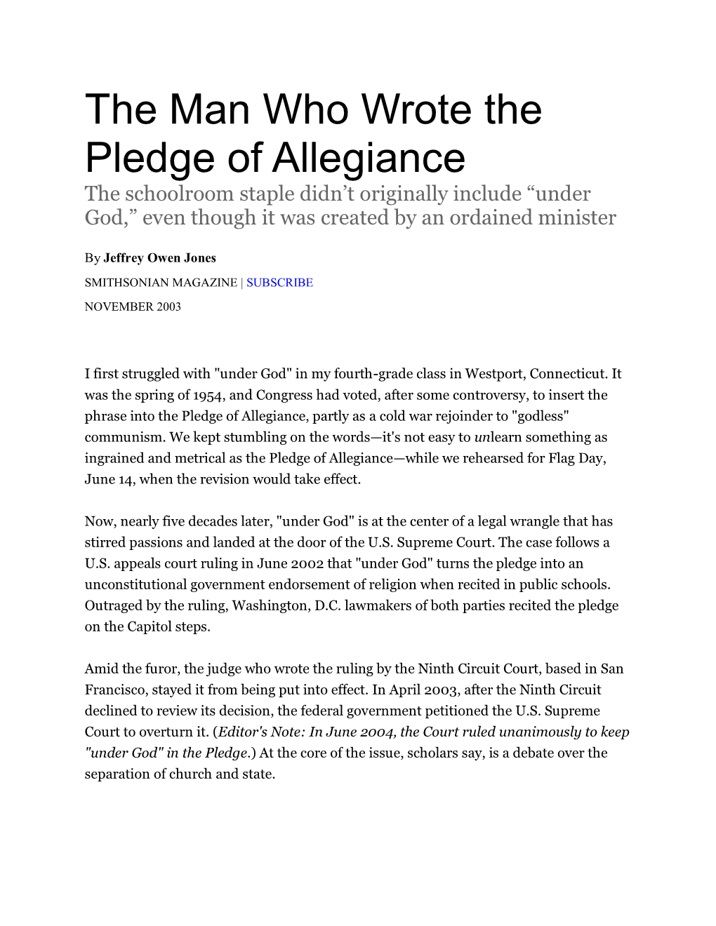 The Man Who Wrote the Pledge of Allegiance the Schoolroom Staple Didn’T Originally Include “Under God,” Even Though It Was Created by an Ordained Minister