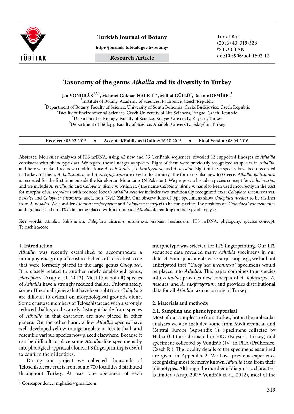 Taxonomy of the Genus Athallia and Its Diversity in Turkey