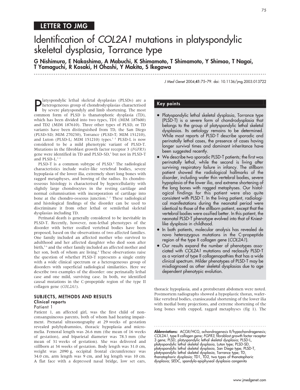 Identification of COL2A1 Mutations in Platyspondylic Skeletal Dysplasia