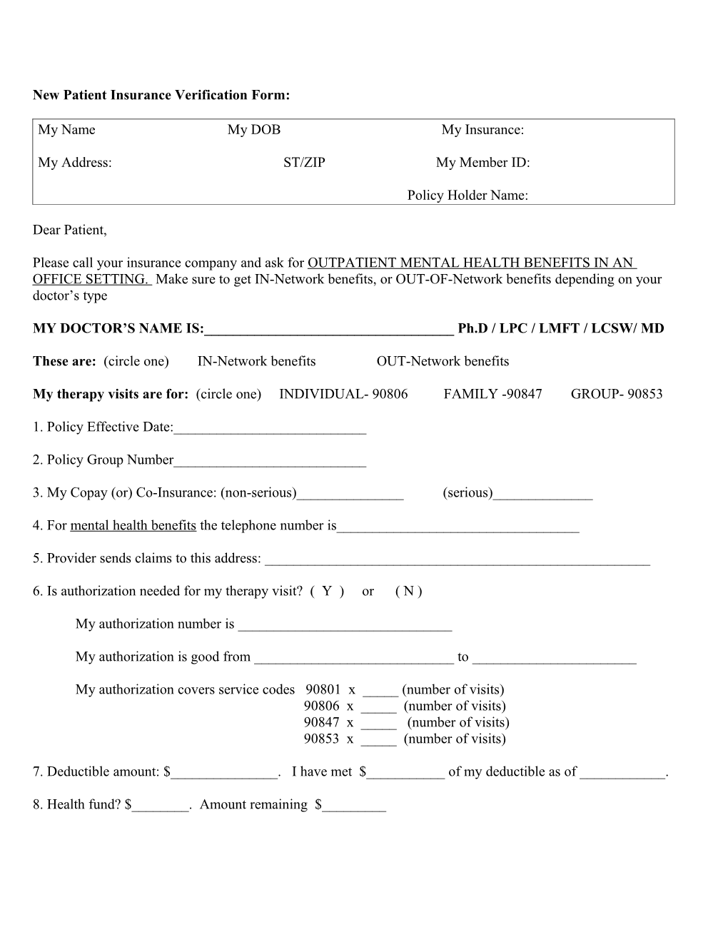 New Patient Insurance Verification Form