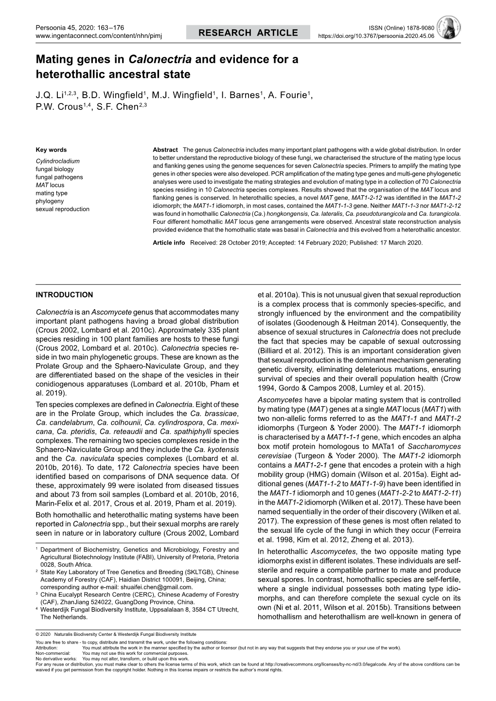 Mating Genes in Calonectria and Evidence for a Heterothallic Ancestral State