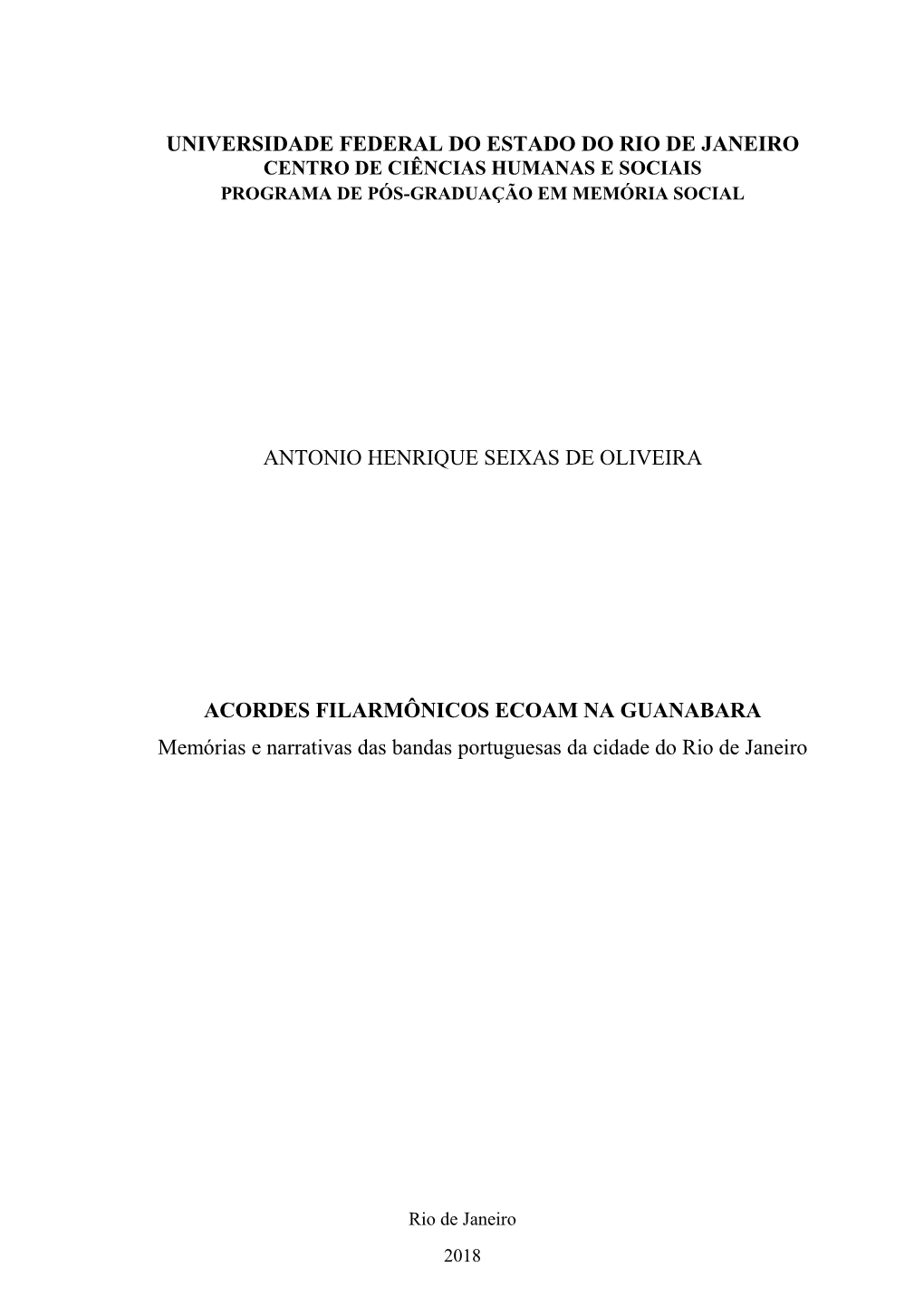 Universidade Federal Do Estado Do Rio De Janeiro Centro De Ciências Humanas E Sociais Programa De Pós-Graduação Em Memória Social