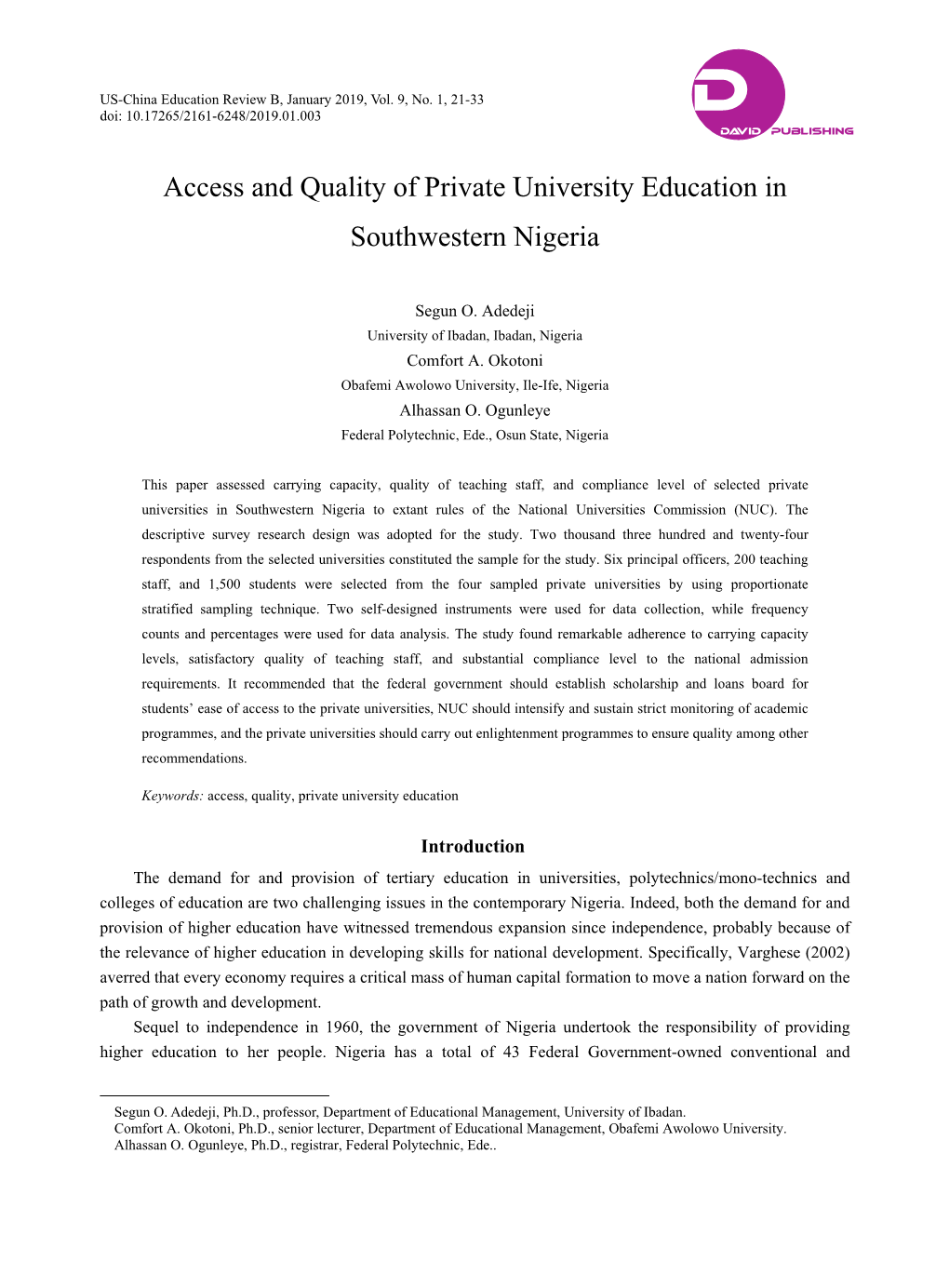 Access and Quality of Private University Education in Southwestern Nigeria