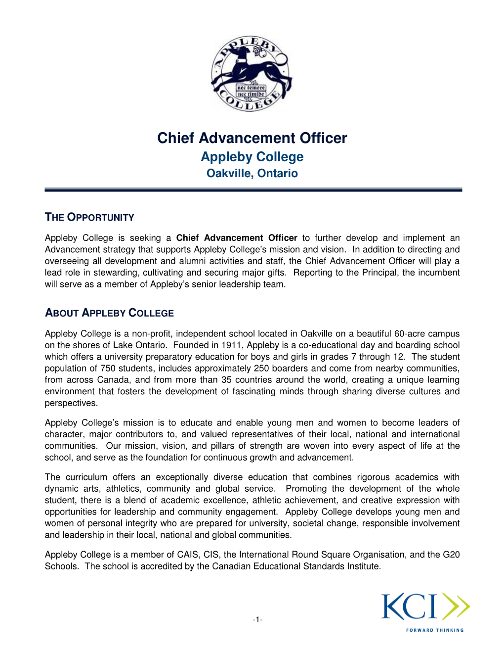 Chief Advancement Officer Appleby College Oakville, Ontario