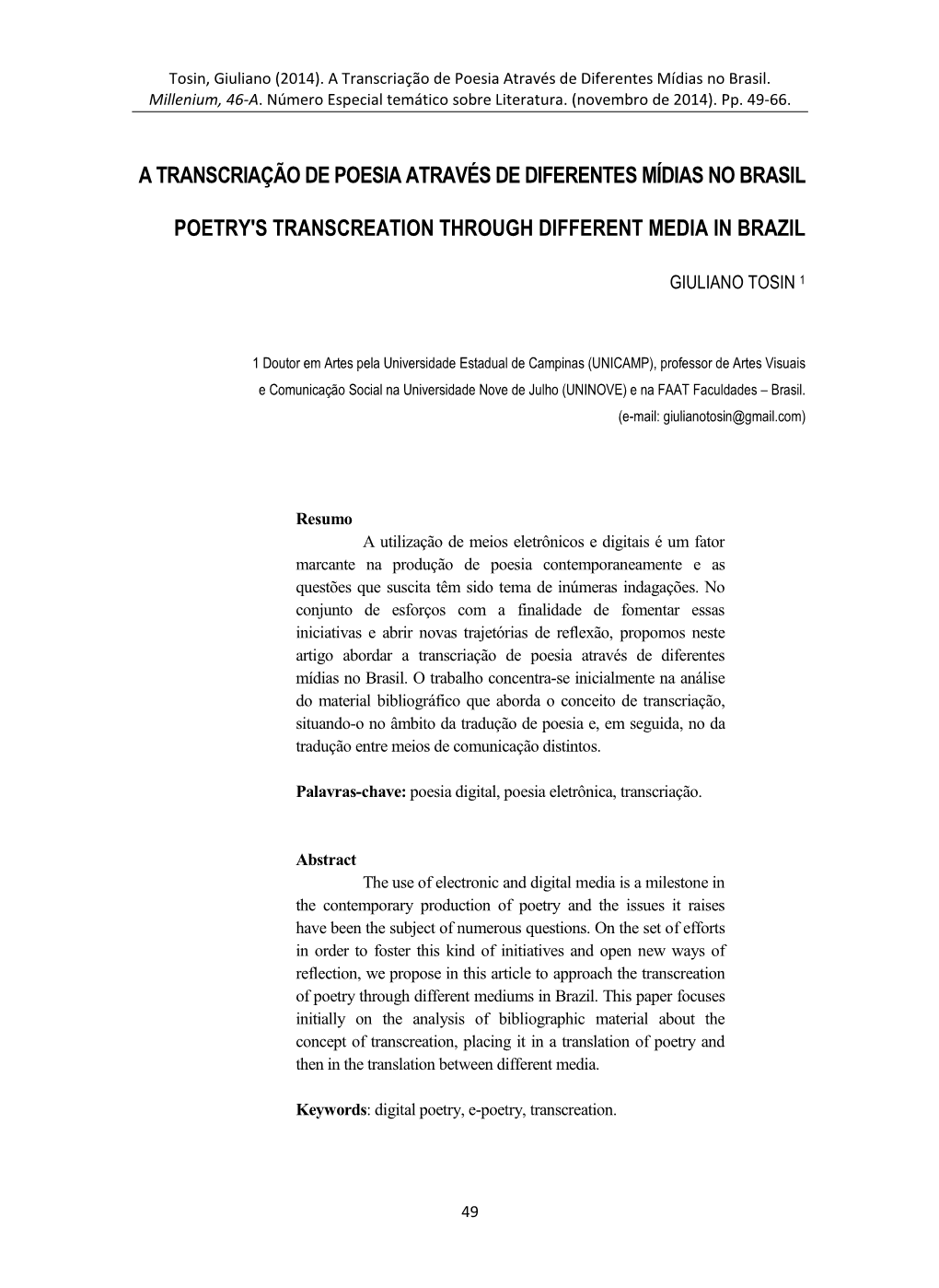 A Transcriação De Poesia Atrav´Rs De Diferentes Mídias No Brasil