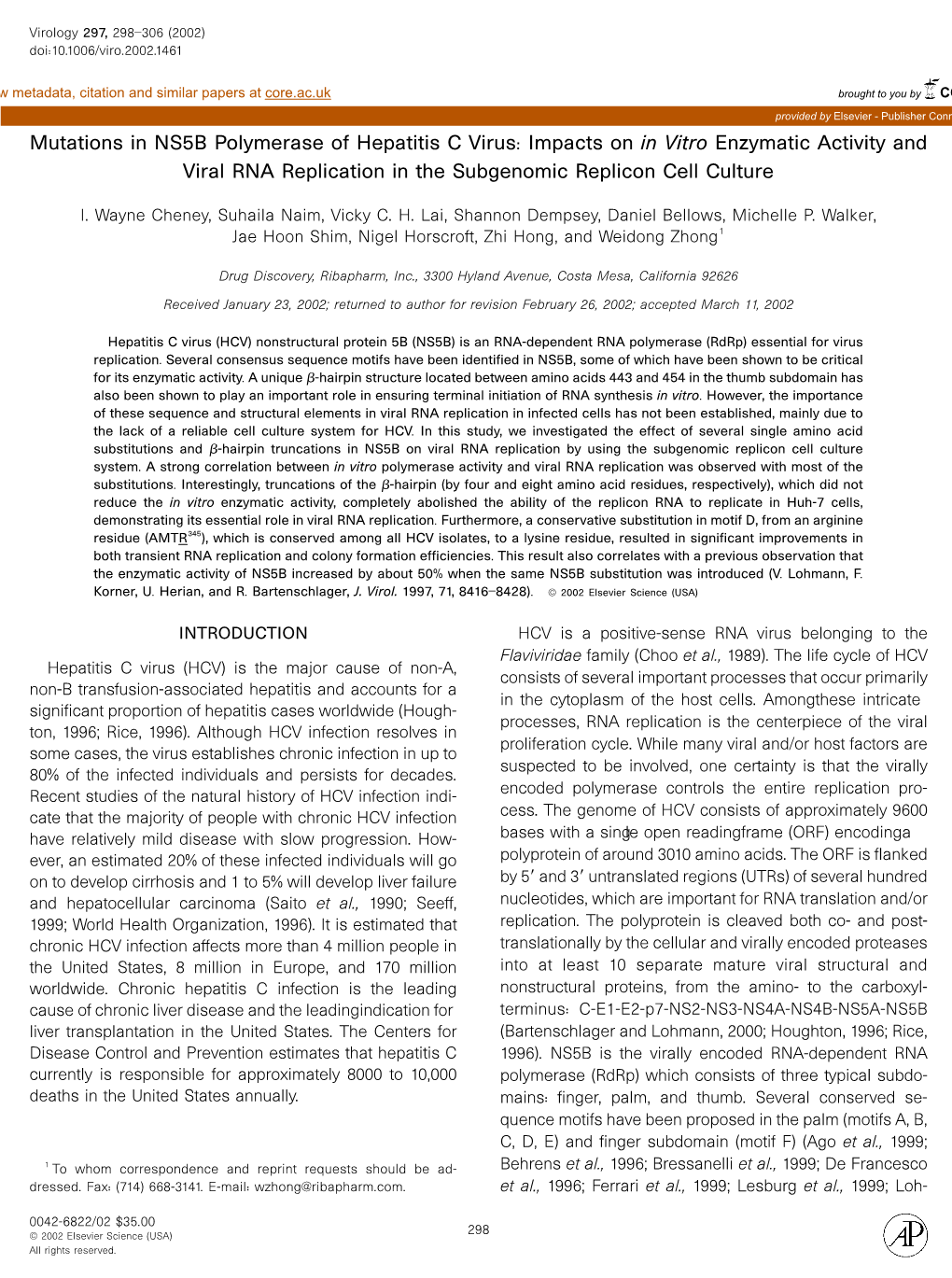 Mutations in NS5B Polymerase of Hepatitis C Virus: Impacts on in Vitro Enzymatic Activity and Viral RNA Replication in the Subgenomic Replicon Cell Culture