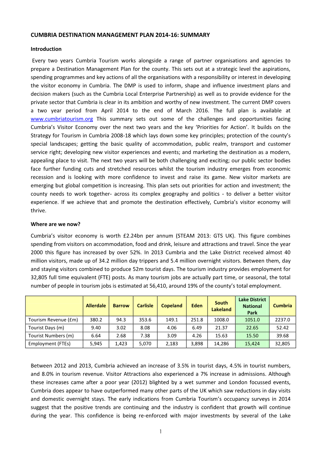 Cumbria Destination Management Plan 2014-16: Summary